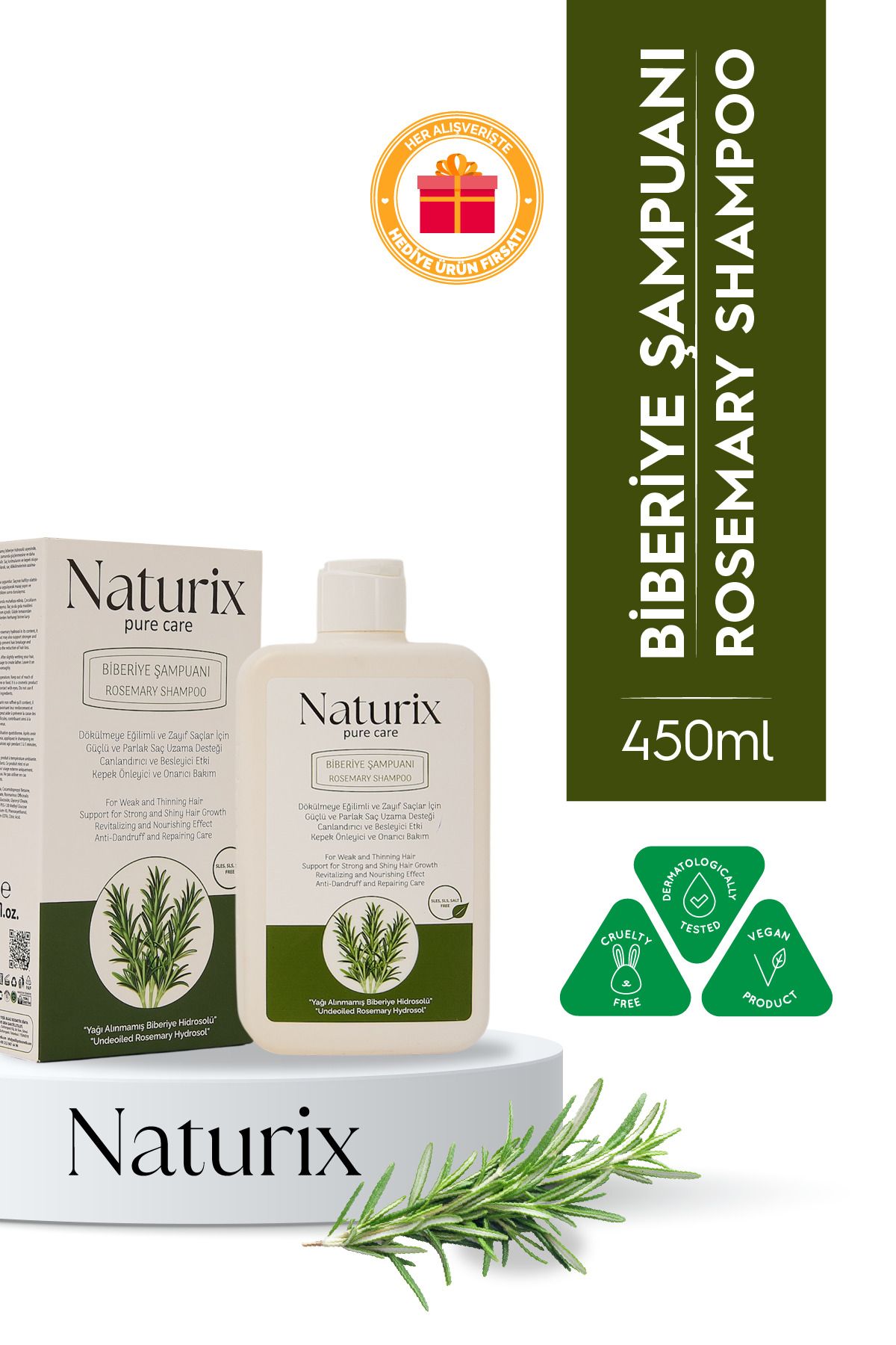 Naturix Biberiye Şampuanı | Tuzsuz, Dökülme Karşıtı ve Saç Uzamasını Destekleyici Bakım - 450 ml