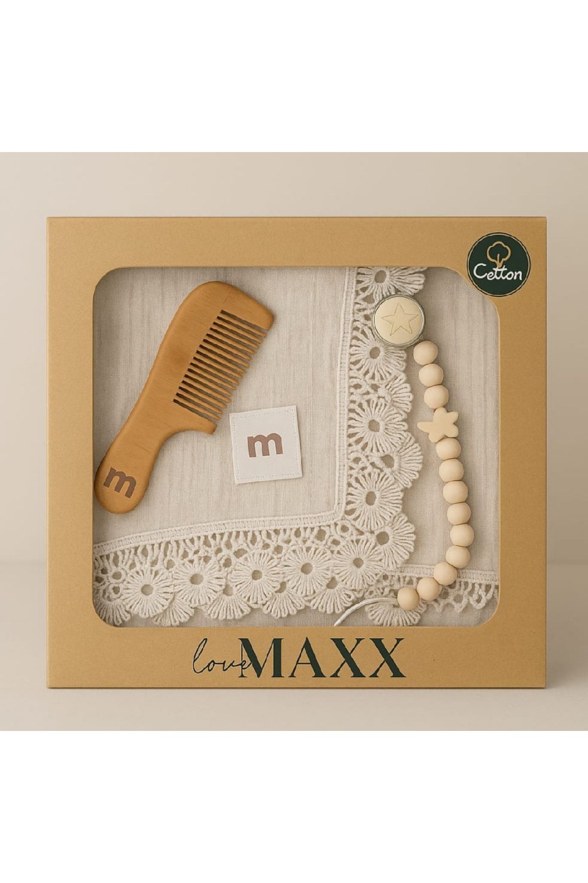 LOVE MAXX %100 Pamuklu Müslin Battaniye,Tarak ve Emzik Askısı Hediyelik Kutulu Ürün
