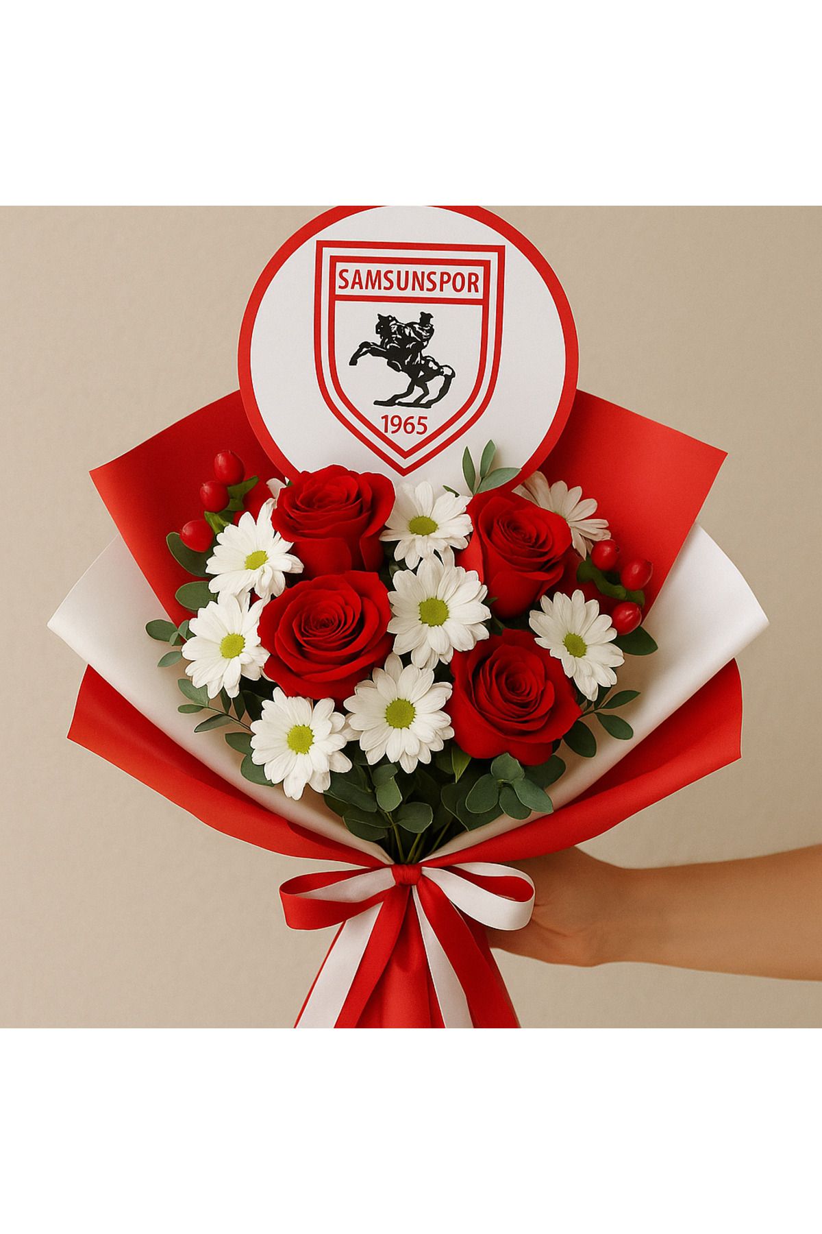 adaaksoydesign Samsunspor Taraftar Buketi – Kırmızı Beyaz Solmayan Gül Hediyelik Buket (LED’siz Tasarım)