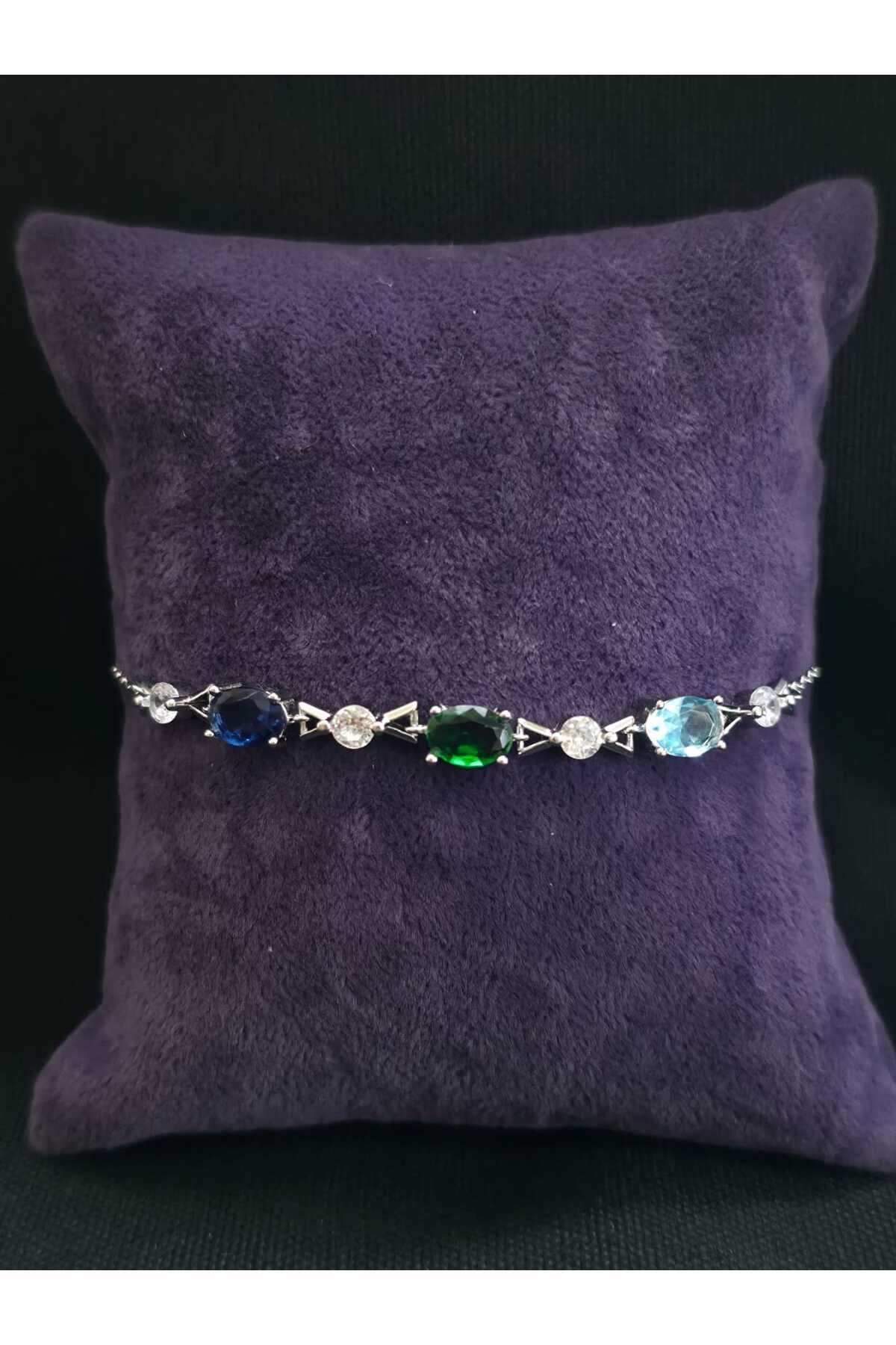 sarıyer silver Safir Yeşim Akuamarin Ve Zirkon Doğal Taşlı Özel İşçilik Şık Tasarım 925 Ayar Gümüş Bileklik