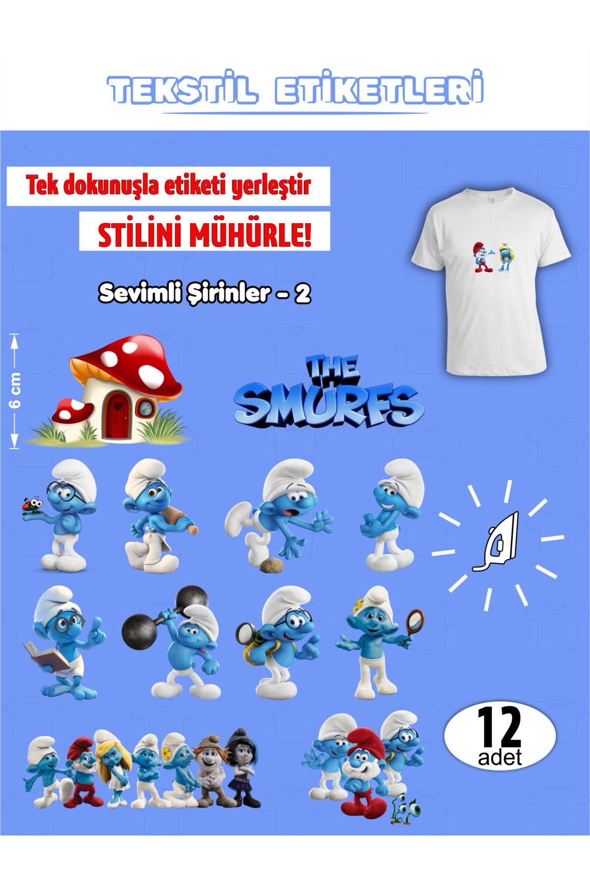 AGG Reklam Ütü Ile Yapışan Kıyafet Etiketi Şirinler-2 12li Set