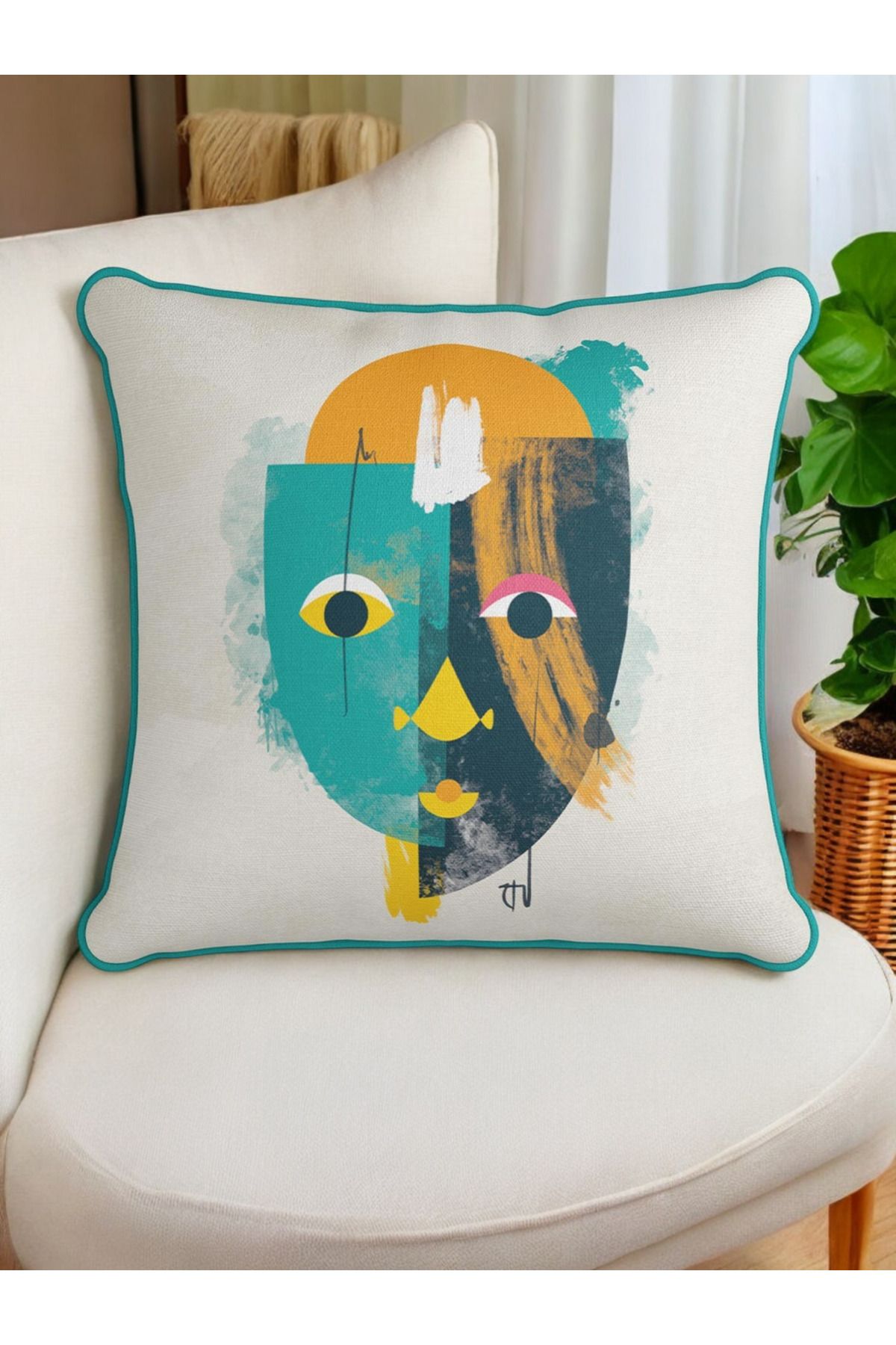 ASDİVA Soyut Yüz Desen Biyeli Kadife Dokulu Dekoratif Kırlent Kılıfı 43x43