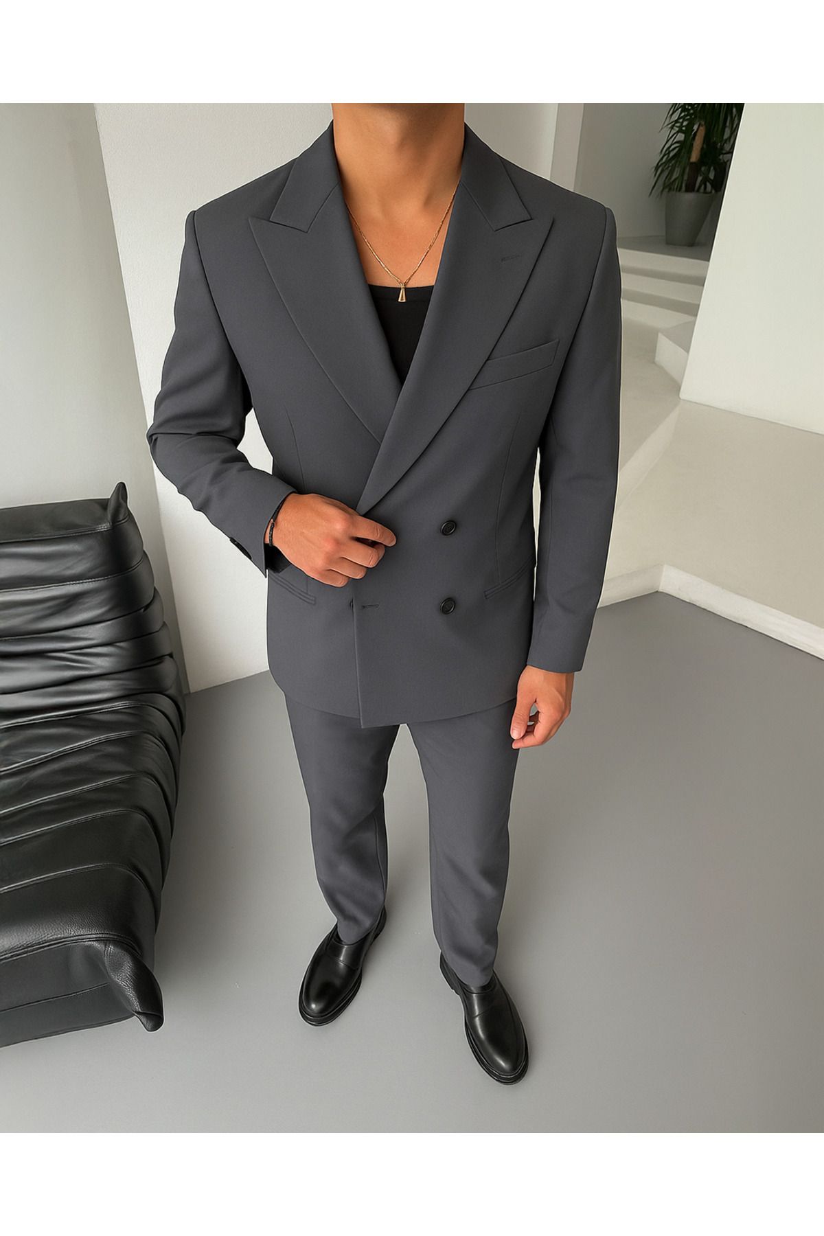 NO1 KONSEPT Rahat Kalıp Oversize Füme Kruvaze Takım Elbise