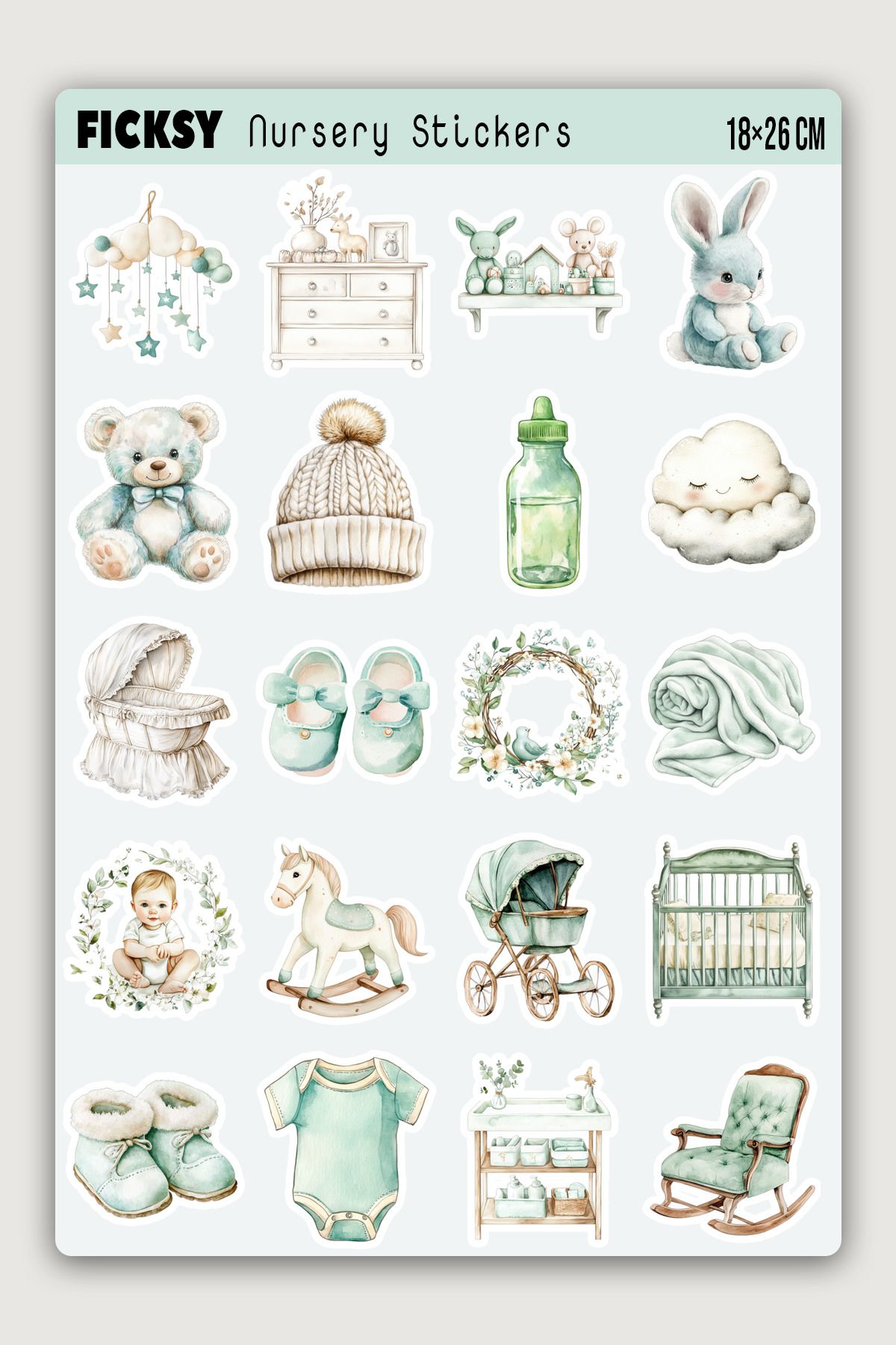 Ficksy Mint Yeşili Pastel Bebek Odası Sticker Seti - 20 Adet Etiket Çıkartma