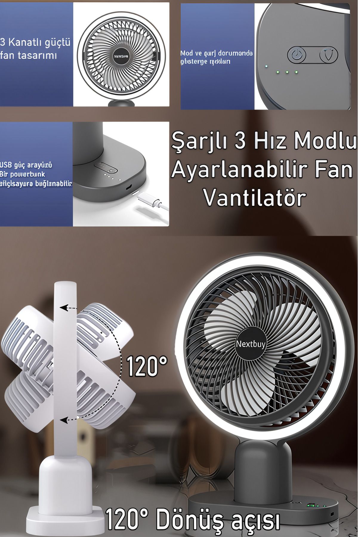 nextbuy Şarjlı Ayarlanabilir 3 Hız Modu Fan Taşınabilir Masaüstü Soğutucu120° Döner Başlıklı VantilatörA8801