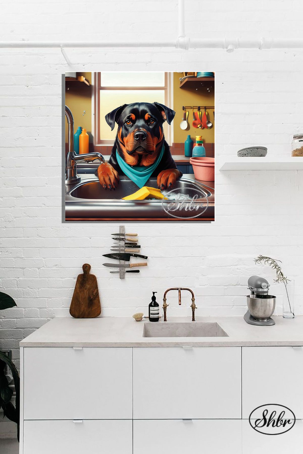 Şehber Tekli Kare Kanvas Dekoratif Duvar Tablosu , Bulaşık Yıkayan Köpek, Rotweiller,