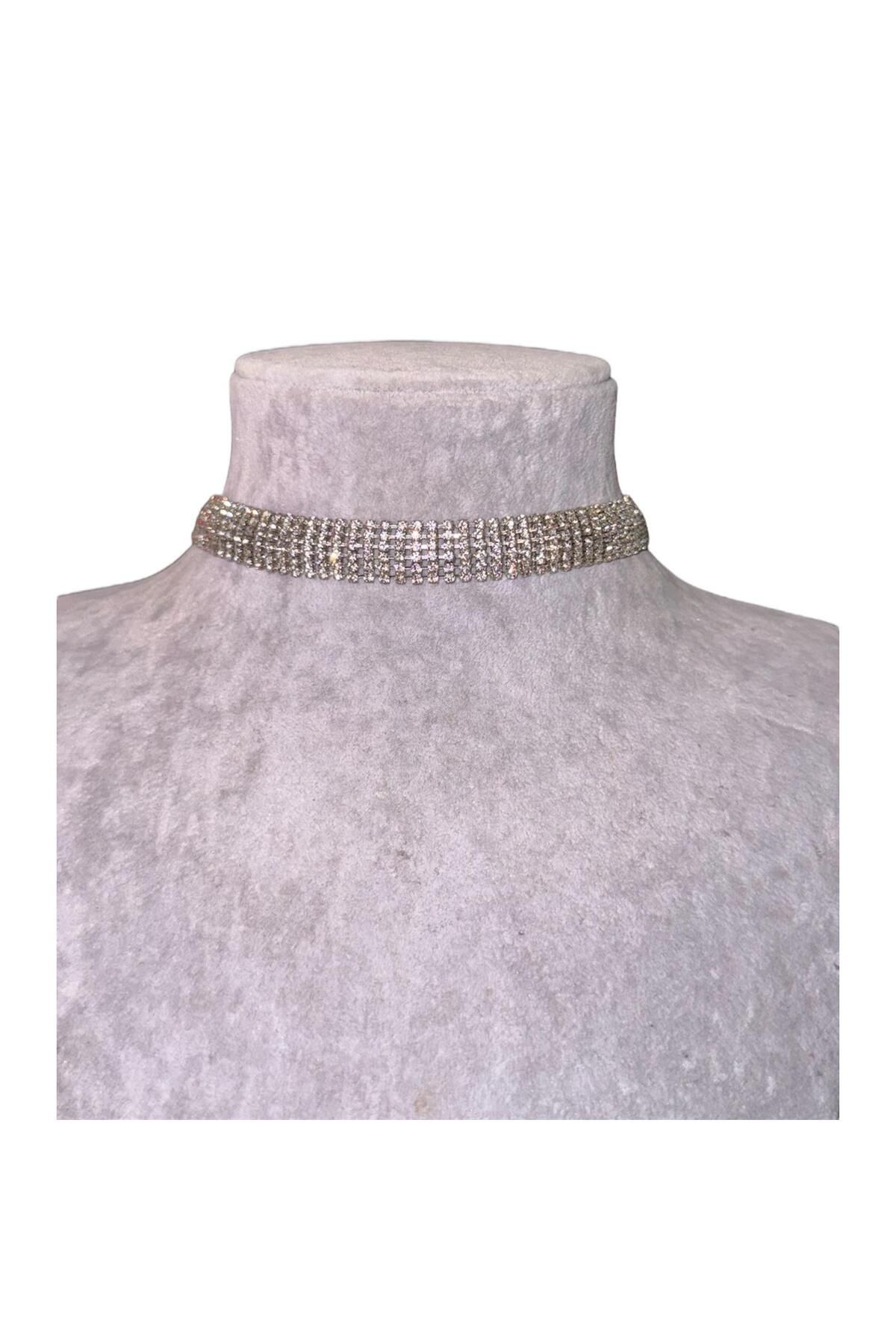 Kırmızı Sanat Evi Full Taşlı Altı Sıra Parlak Choker Kolye