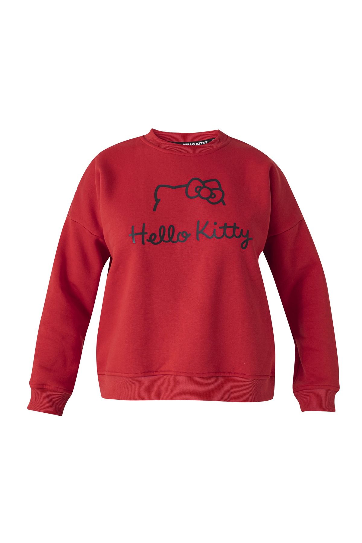 Hello Kitty Lisanslı Baskılı Bisiklet Yaka Kalın Oversize Fit Kırmızı Sweatshirt Roz-31