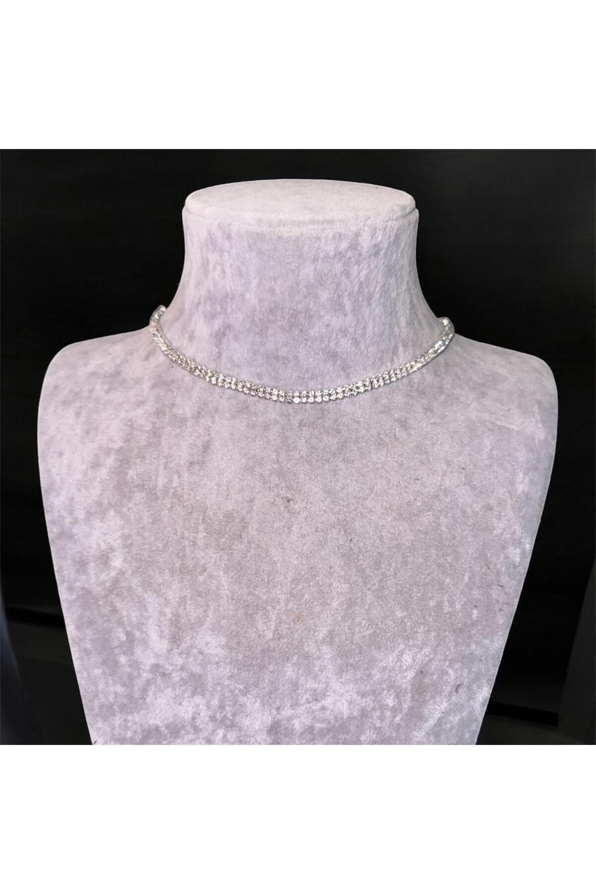Kırmızı Sanat Evi Full Taşlı İki Sıra Parlak Choker Kolye ve Küpe Seti