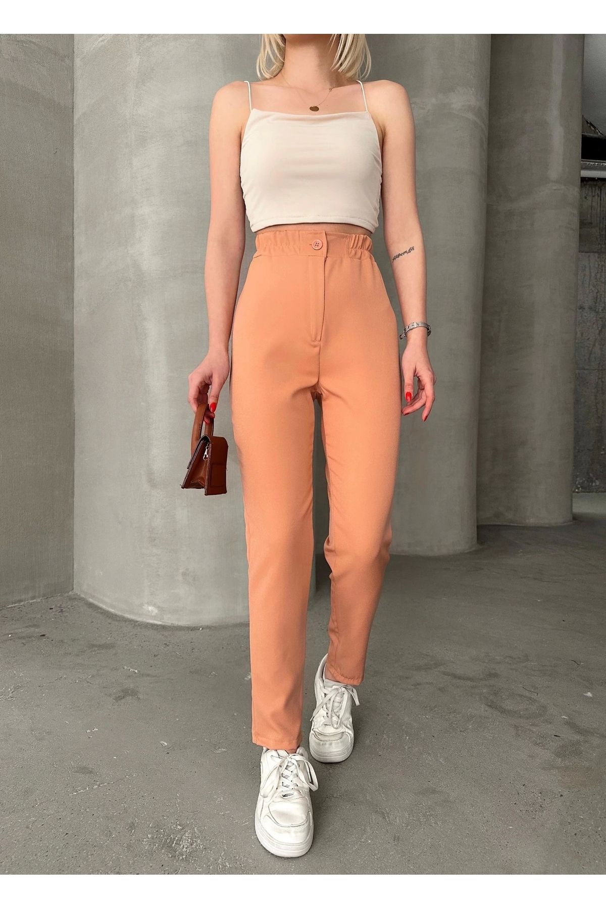 BellevieStore Beli lastikli karamel pantolon