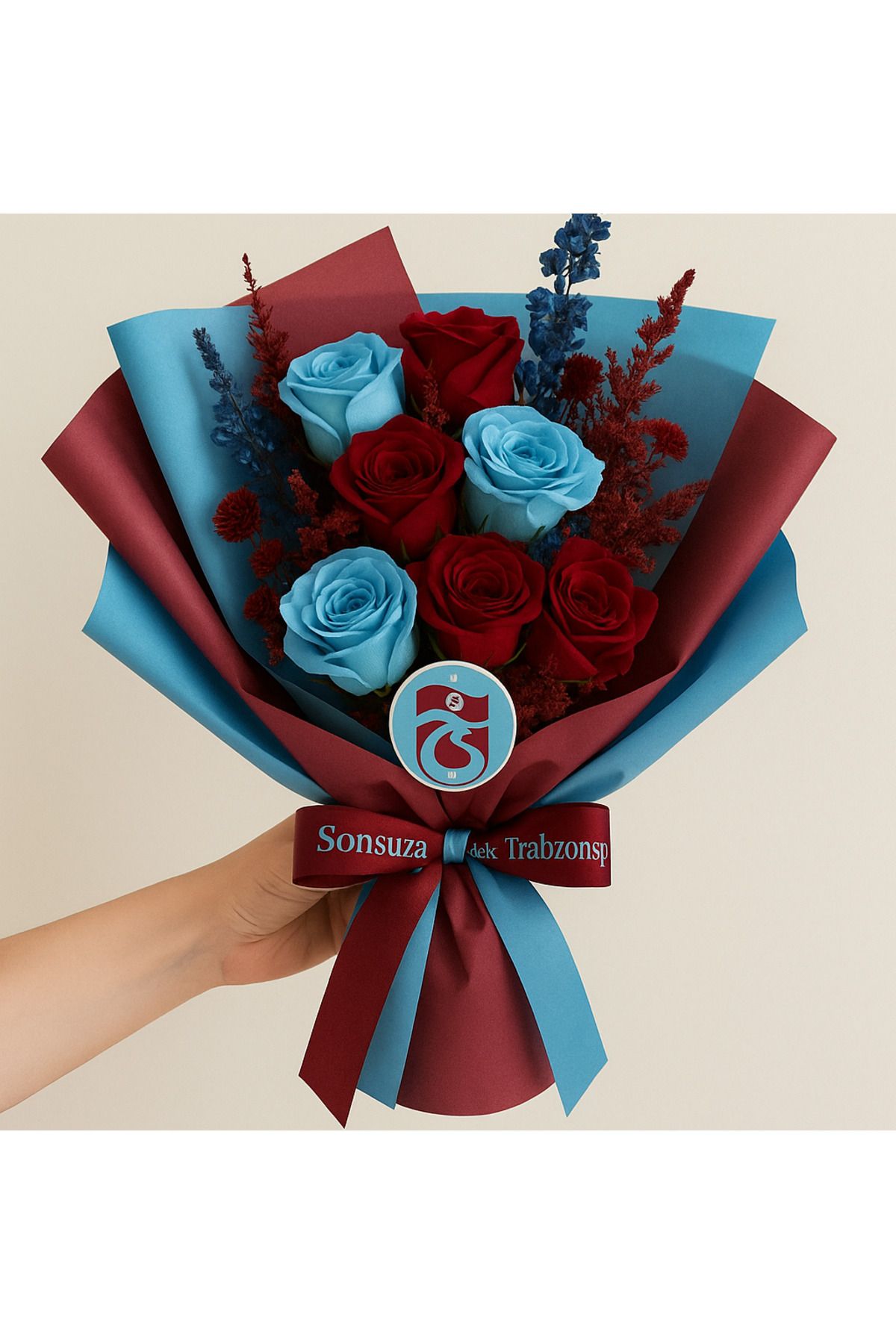 adaaksoydesign Trabzonspor Taraftar Buketi – Bordo Mavi Solmayan Gül Hediye Buket (LED’siz - Doğal Tasarım)