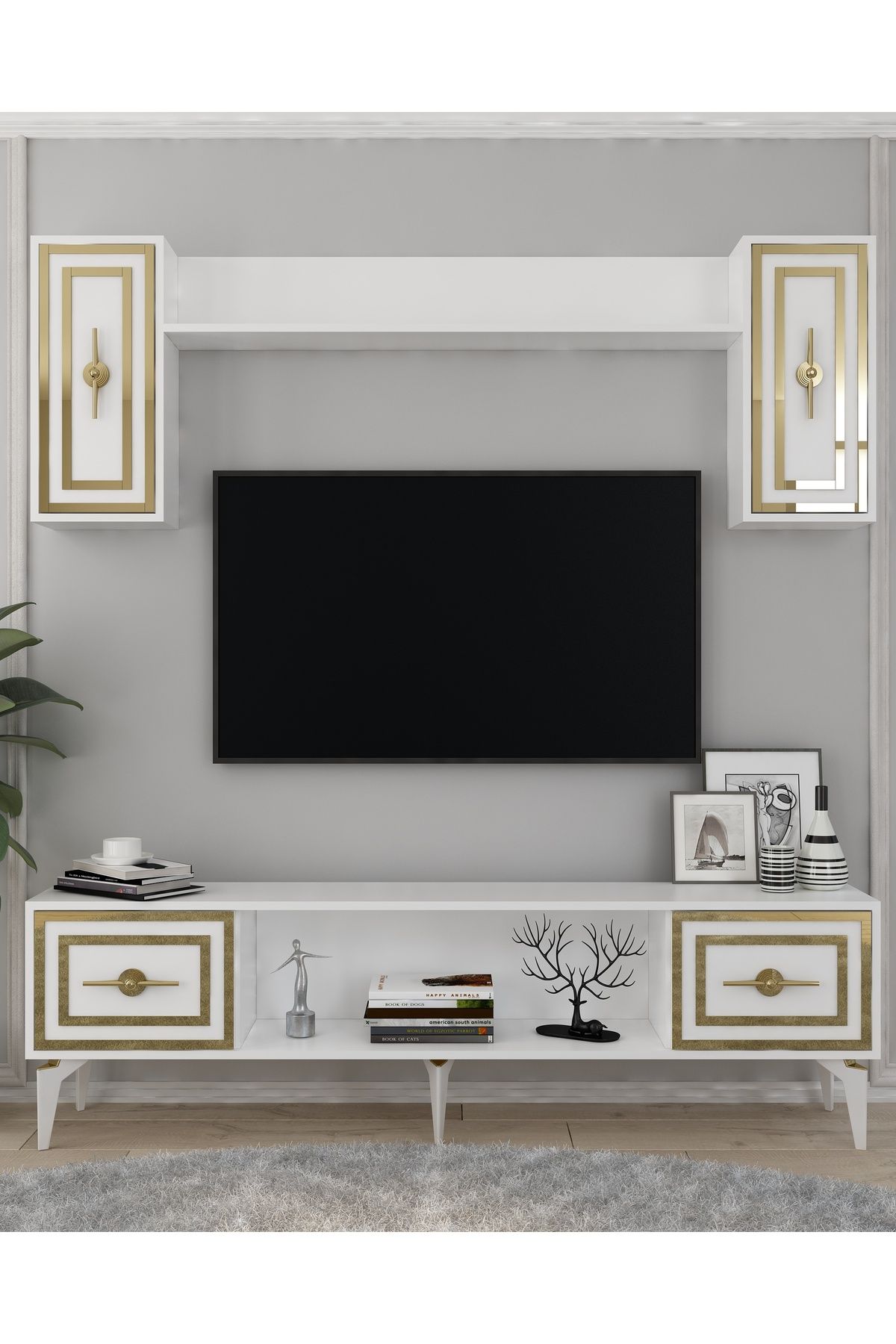 DemonteHome SAMBADH 180 CM TV ÜNİTESİ TAKIMI BEYAZ-ALTIN