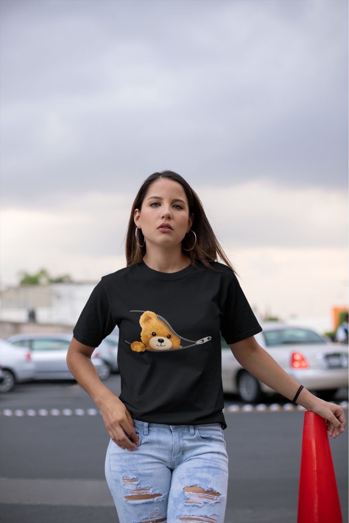 ABAS T-shirt sevimli fermuarlı ayıcık model pamuklu baskılı tişört