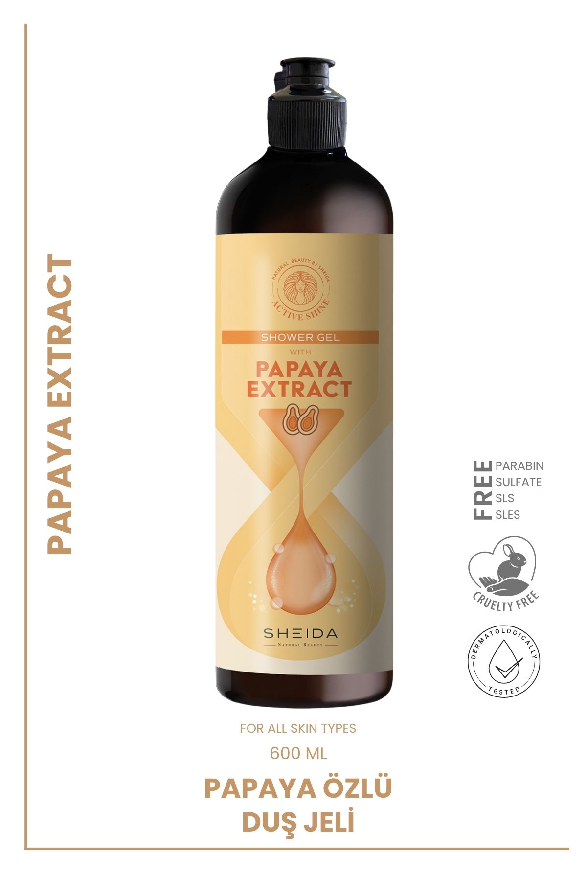 Sheida Active Shine Duş Jeli – Papaya Özlü & Nemlendirici – 600 ml Dev Boy