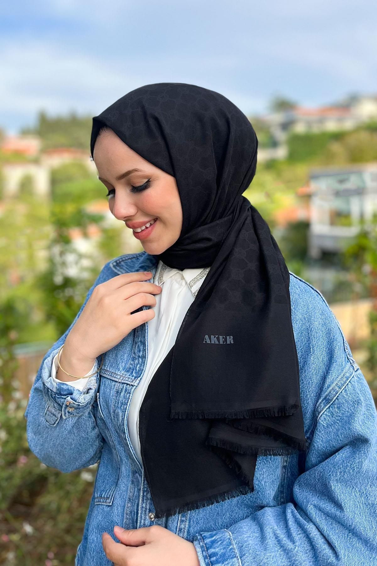 Aker Elegance Monogram Polyester Şal - 1090100 75 x 195 911 Siyah