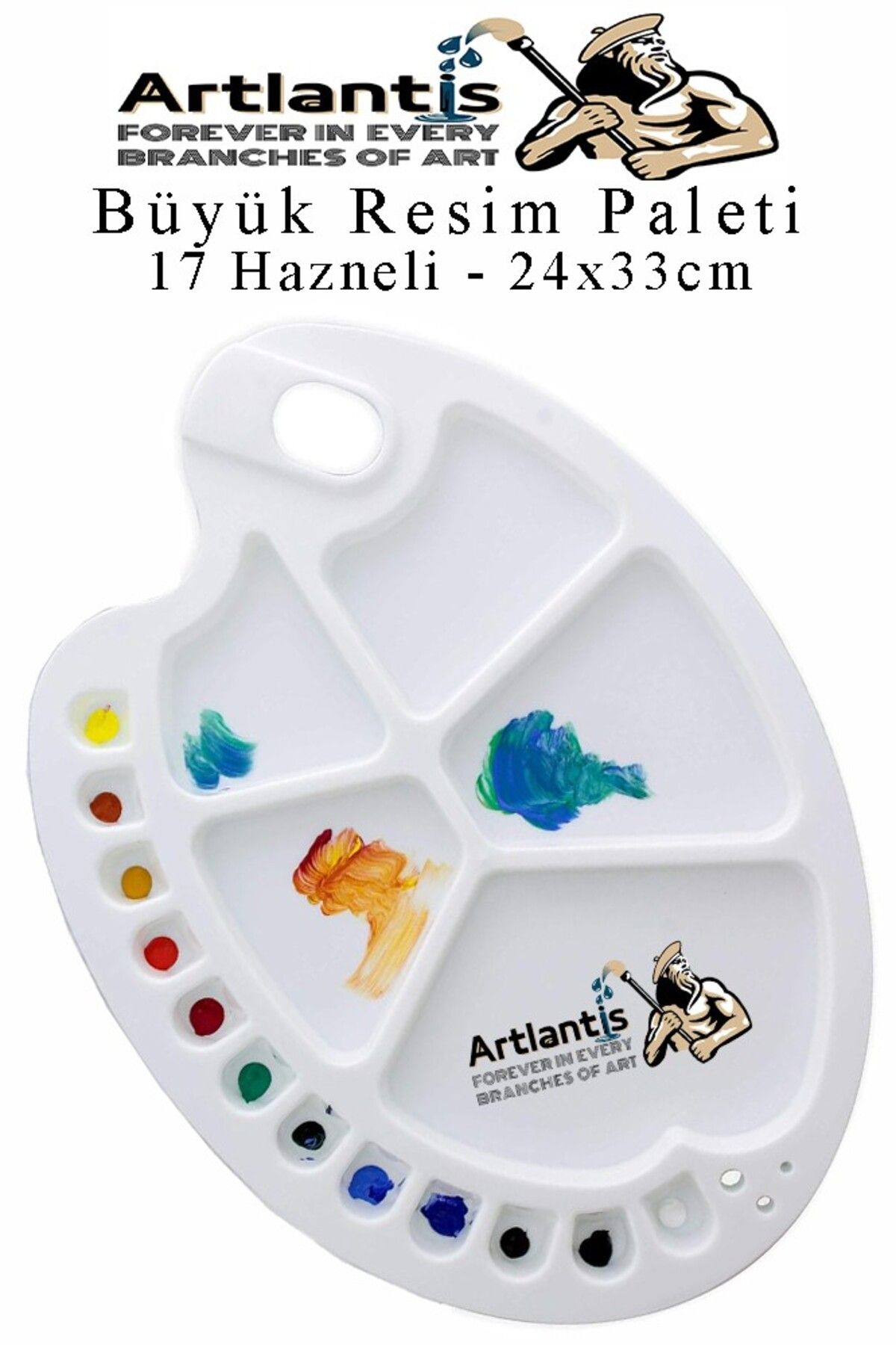 Artlantis Büyük 17 Hazneli Resim Paleti 1 Adet 24x33 cm Plastik Resim Paleti Oval Şekil 17 Godeli Renk Karıştı