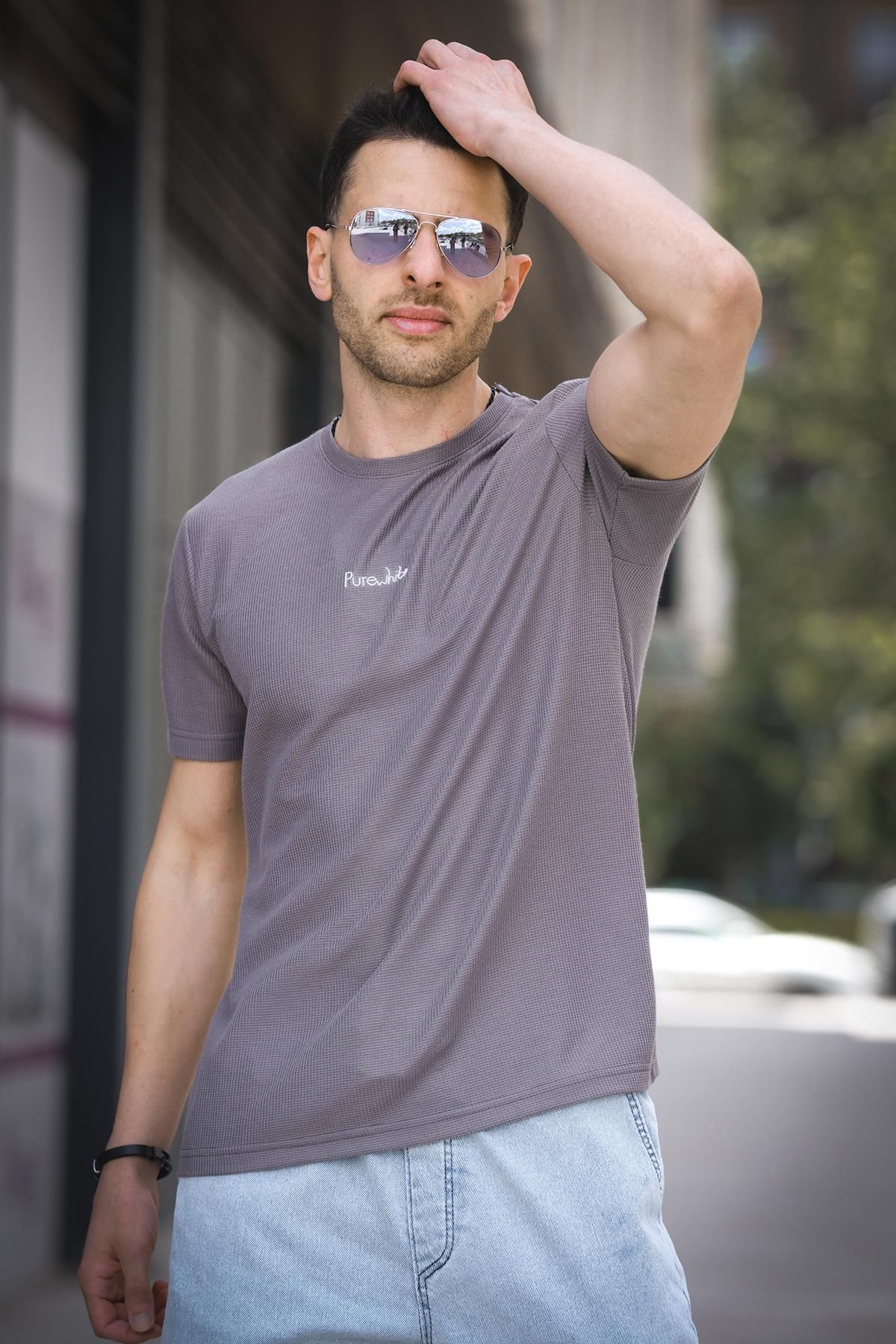 Oksit Pure Slim Fit Waffle Kumaş Bisiklet Yaka Baskılı Erkek Tshirt
