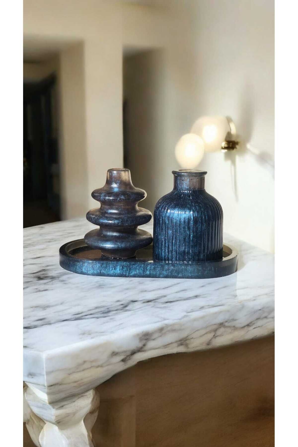 SerenityHaven Twist vazo - çizgili vazo dekoratif set / tepsili vazo seti / tepsili dekoratif set
