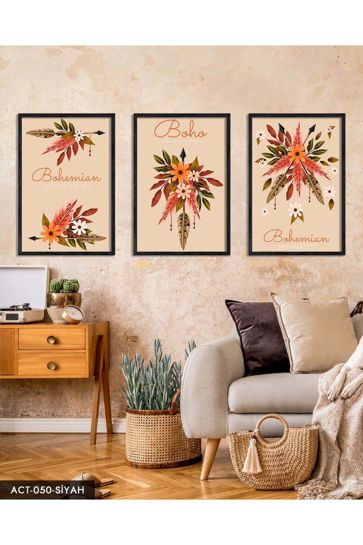 Evinemoda Boho Tarz, Çiçek, 3 Parça Siyah Ahşap Çerçeveli Tablo ACT