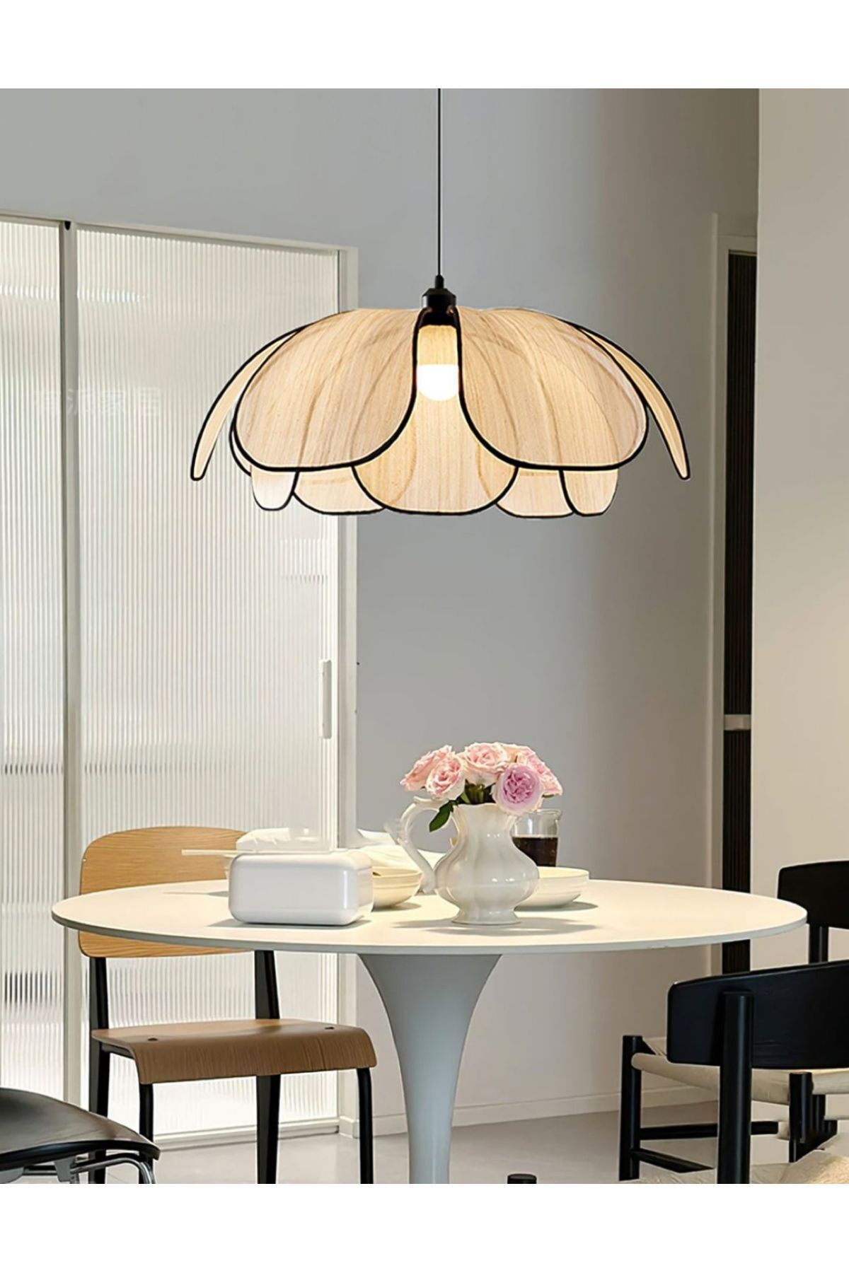 Buiva Modern İskandinav Flower Sarkıt Avize Boheme Salon Oturma Odası Mutfak Avizesi Ekru Kumaş