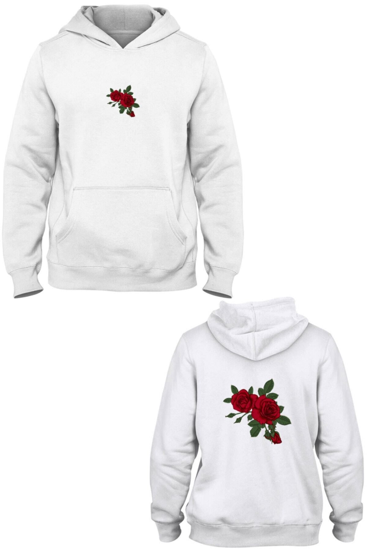 Pisa Art Kırmızı Gül Ön Arka Baskılı Kanguru Cepli Kapşonlu Sweatshirt Bll820
