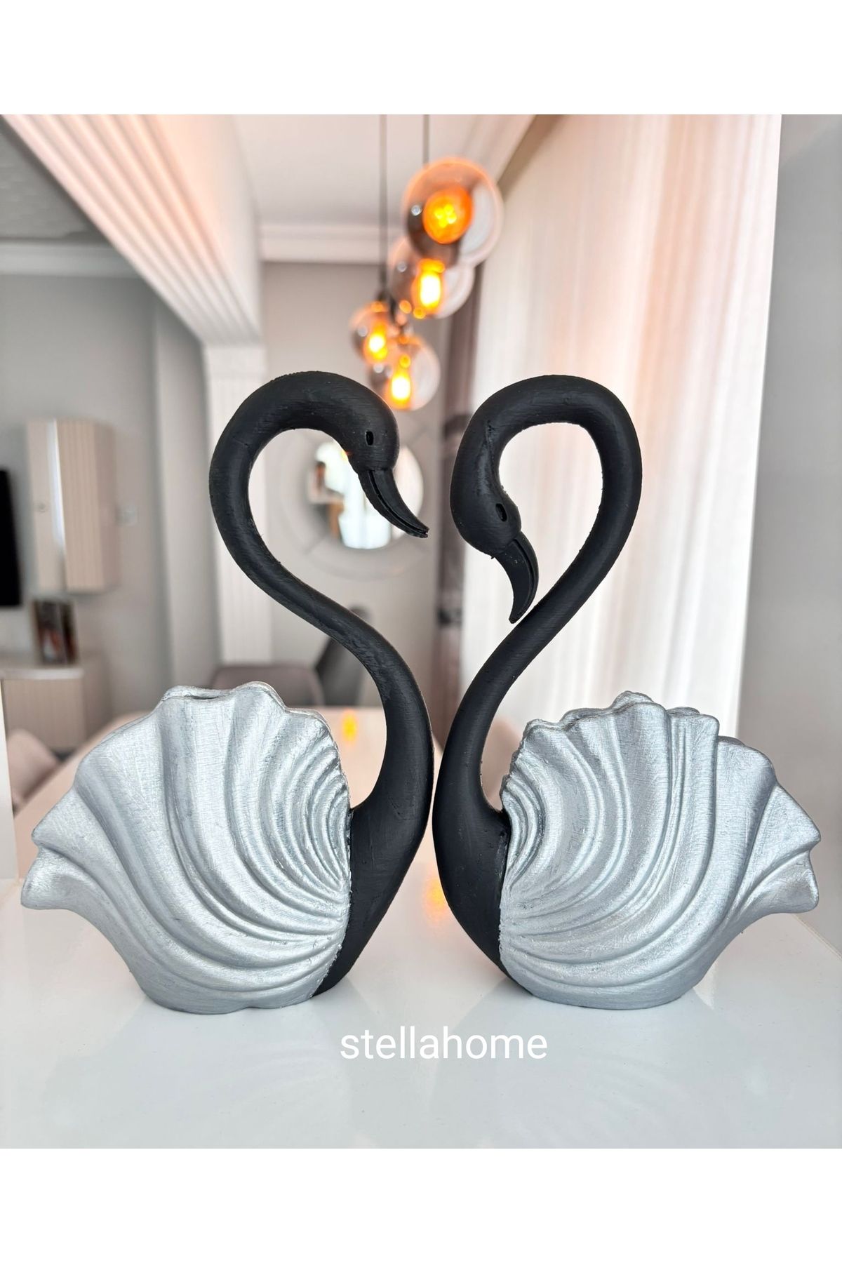Home Gümüş detaylı siyah ikili modern kuğular dekoratif romantik süs eşyası
