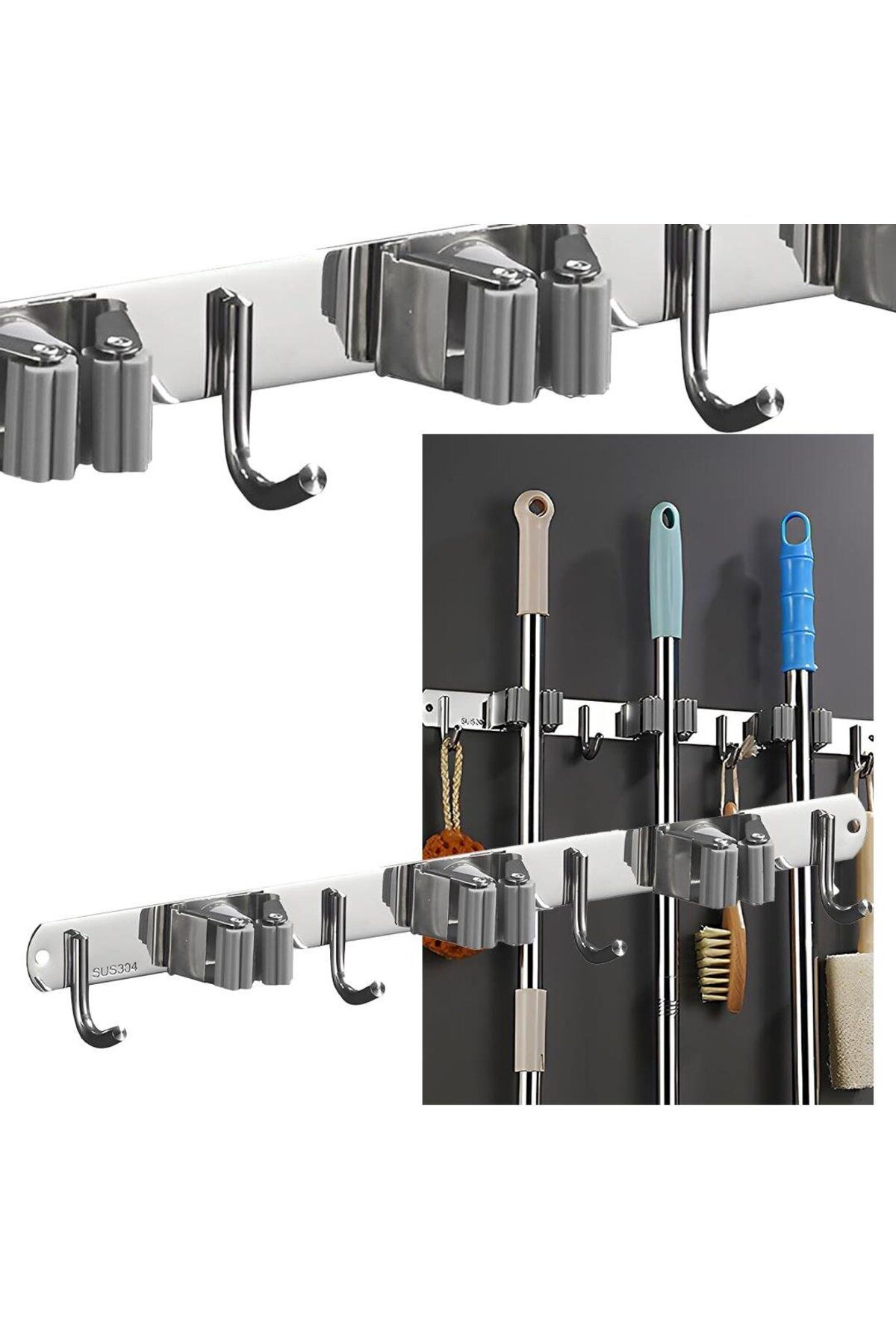 SUNUP SN-26350 Dört Kancalı Askılık Üç Klipsli Metal Paspas Süpürge Tutucu