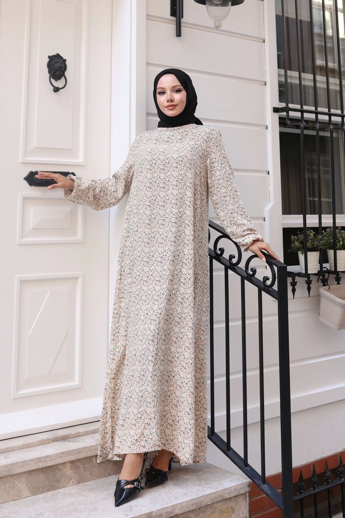 Moda MSK Çiçek Desen Viskon Elbise Bej