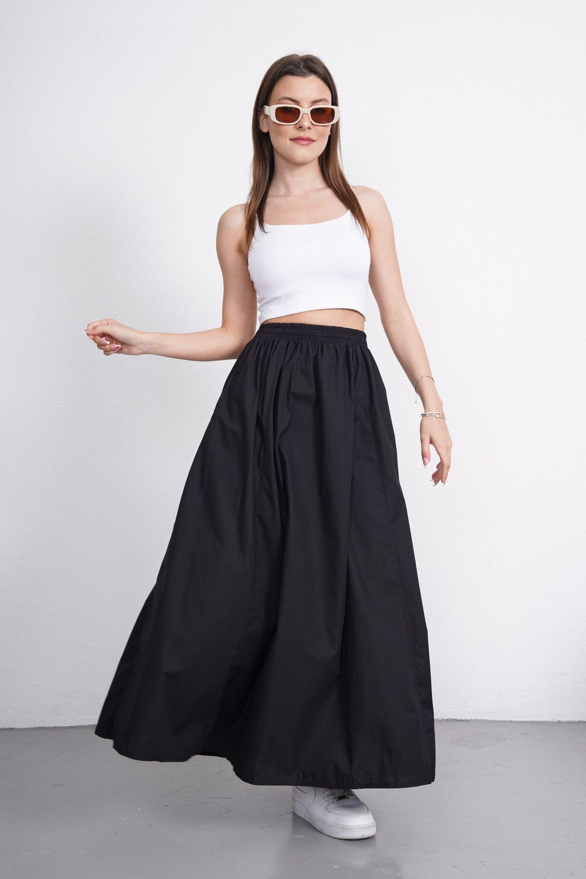 Gülmude Premium Beli Lastikli Uzun Poplin Etek Fleto Cepli (90CM)
