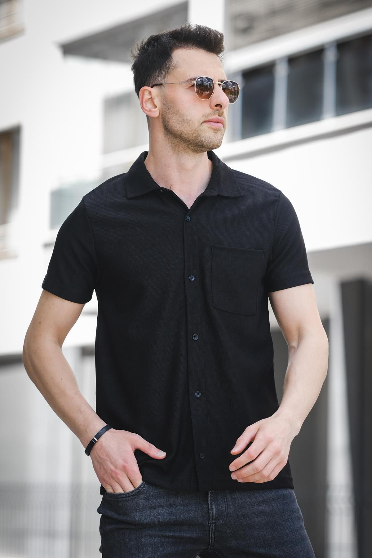 since 1990 man Mantheo Slim Fit Esnek Likralı Kısa Kol Ayaklı Yaka Erkek Gömlek