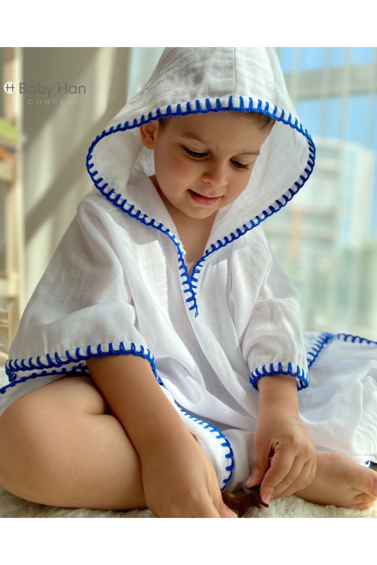 BABY HAN CONCEPT Organik %100 Pamuk Müslin Kapşonlu Plaj Çocuk Bebek Panço Bornoz Banyo Havlu