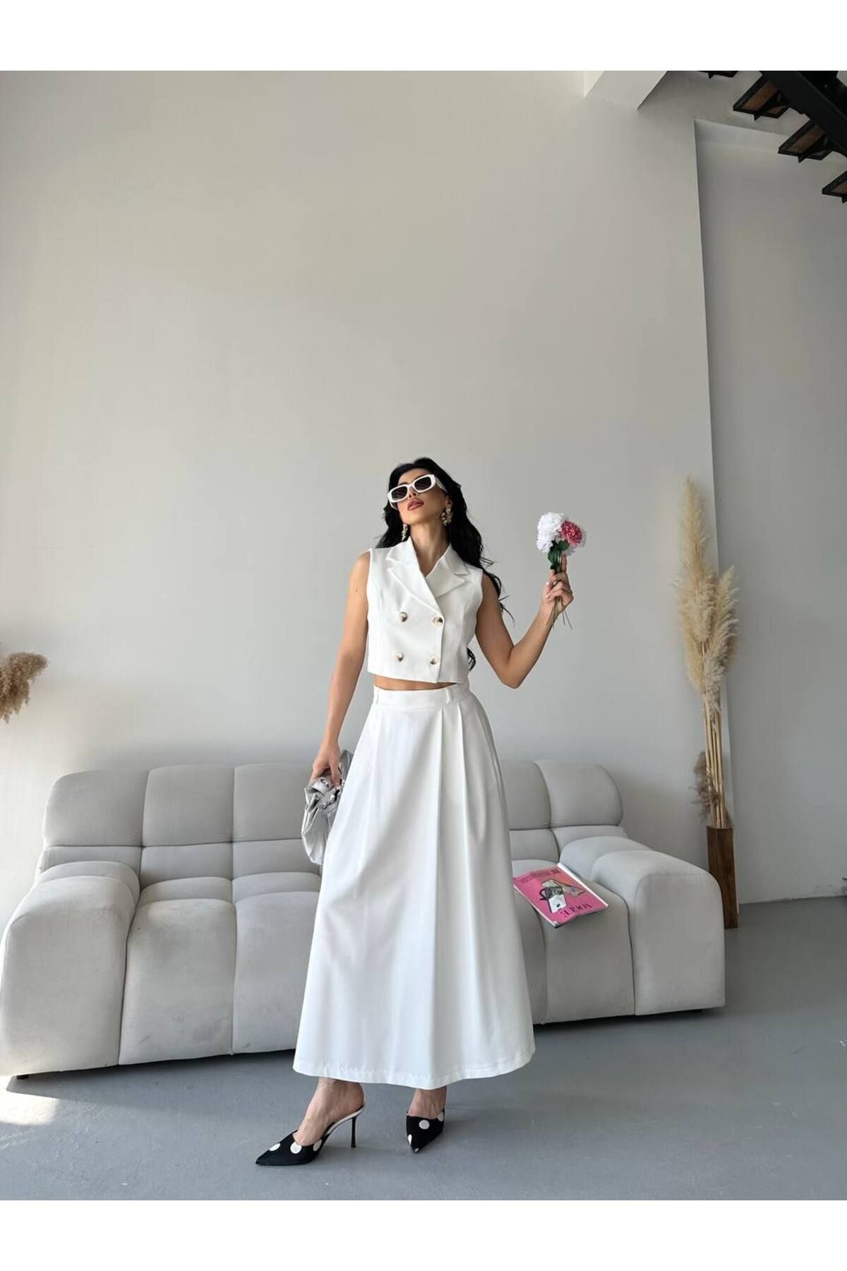 MVK GİYİM Düğme Detaylı Bolero Yelek Etek Takım
