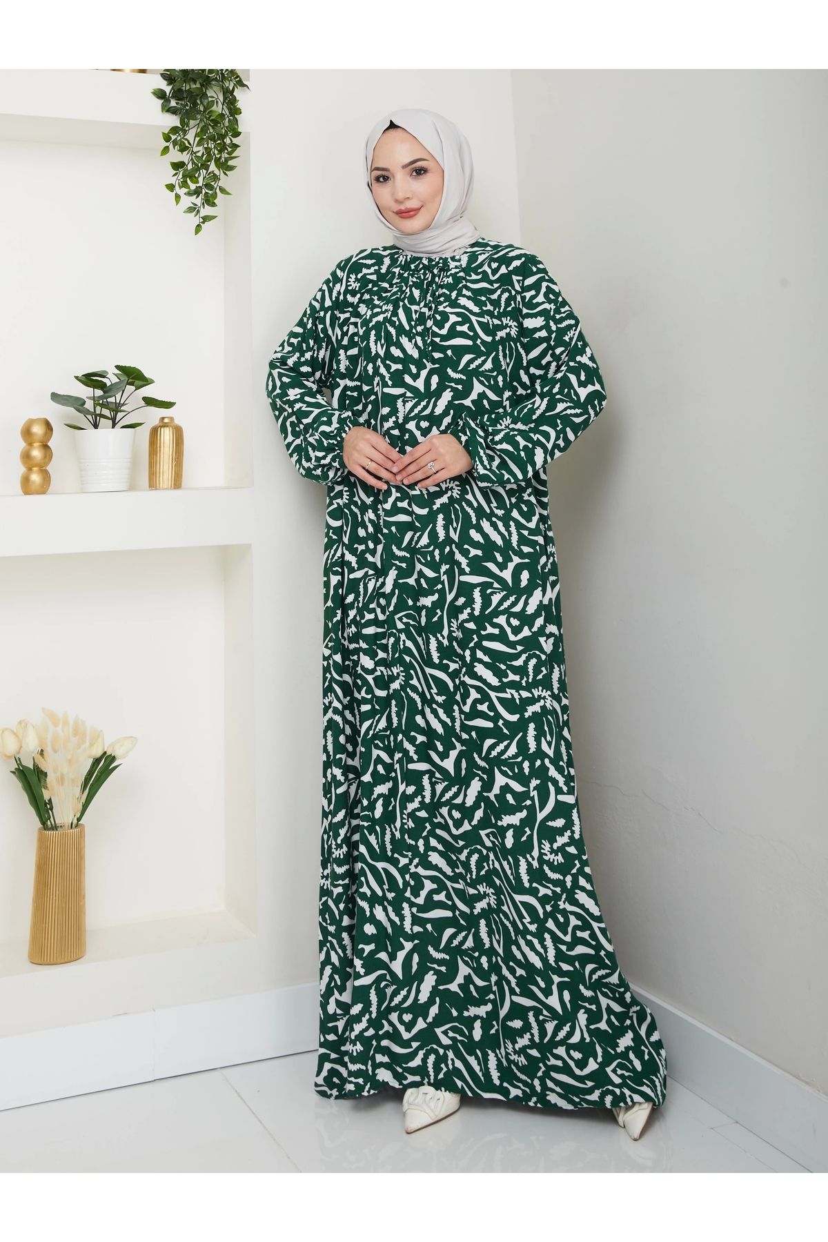 Nevayla Moda Desenli Önü Büzgülü Viskon Elbise - Yeşil / E0131