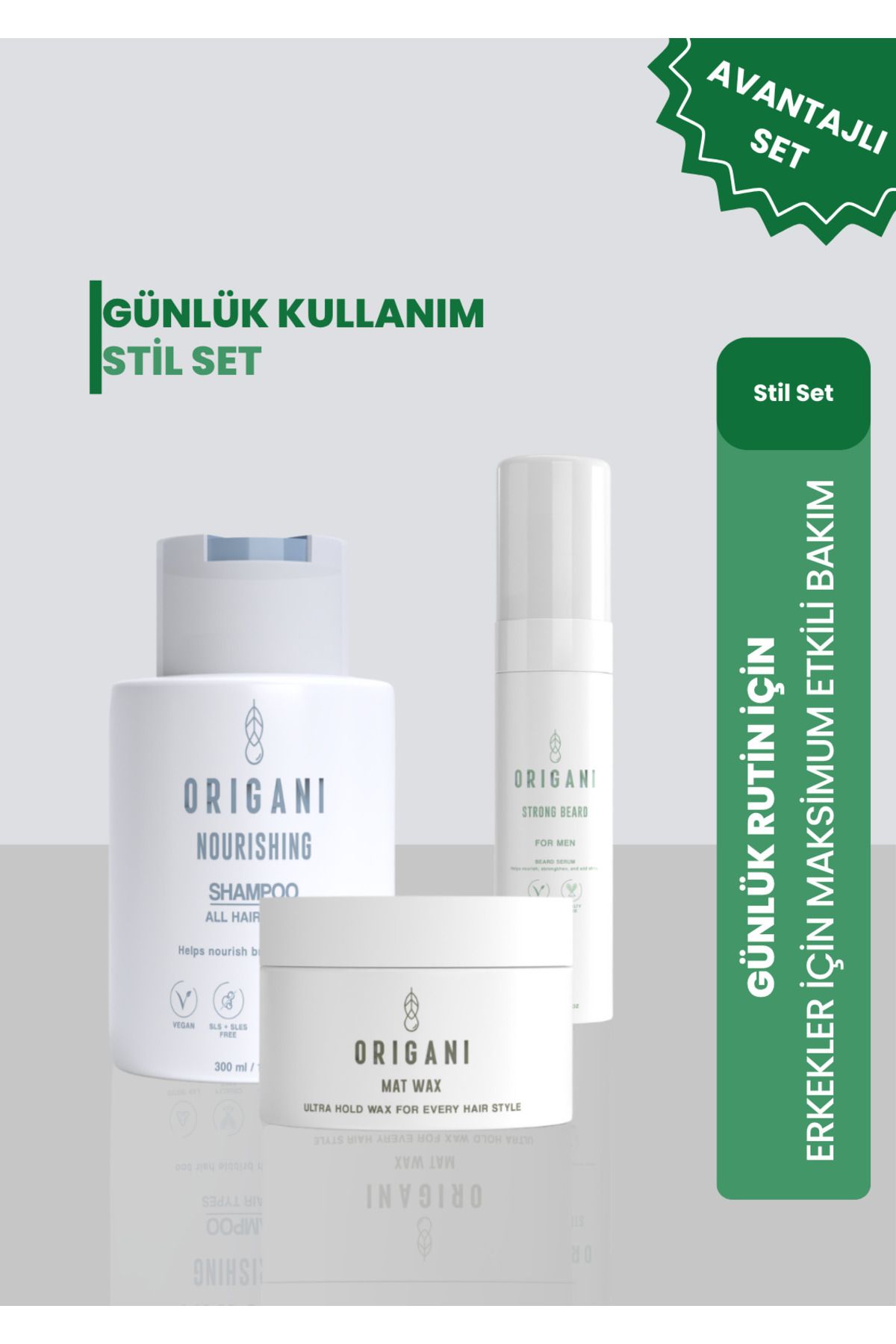 Origani Erkek Bakım Seti – Besleyici Şampuan + Mat Wax + Sakal Serumu