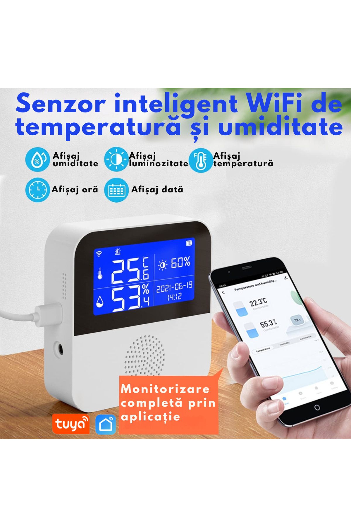 VisionHub-Senzor Temperatura, Umiditate Wifi Inteligent, Termometru Monitorizare Prin Aplicatie, Sonda Externa 2