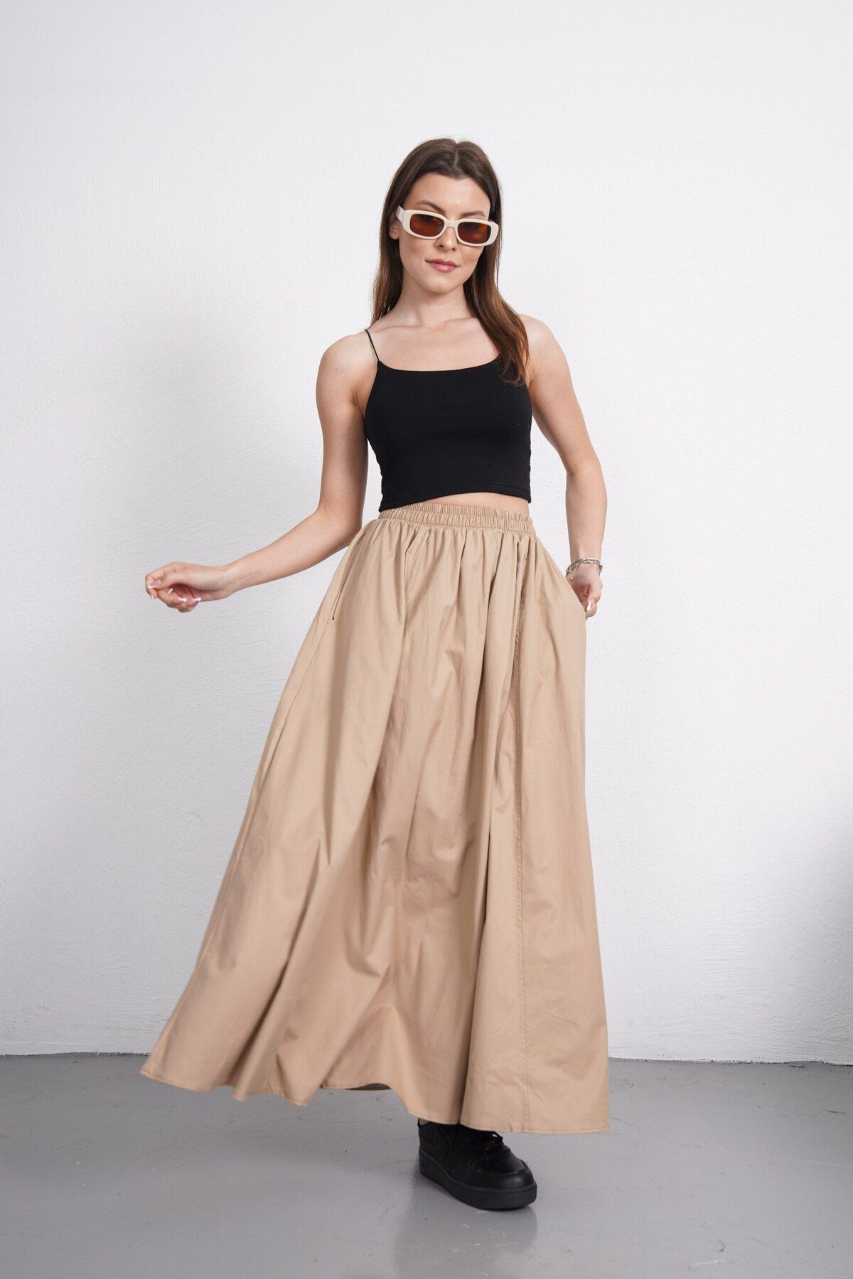Gülmude Premium Beli Lastikli Uzun Poplin Etek Fleto Cepli (90CM)