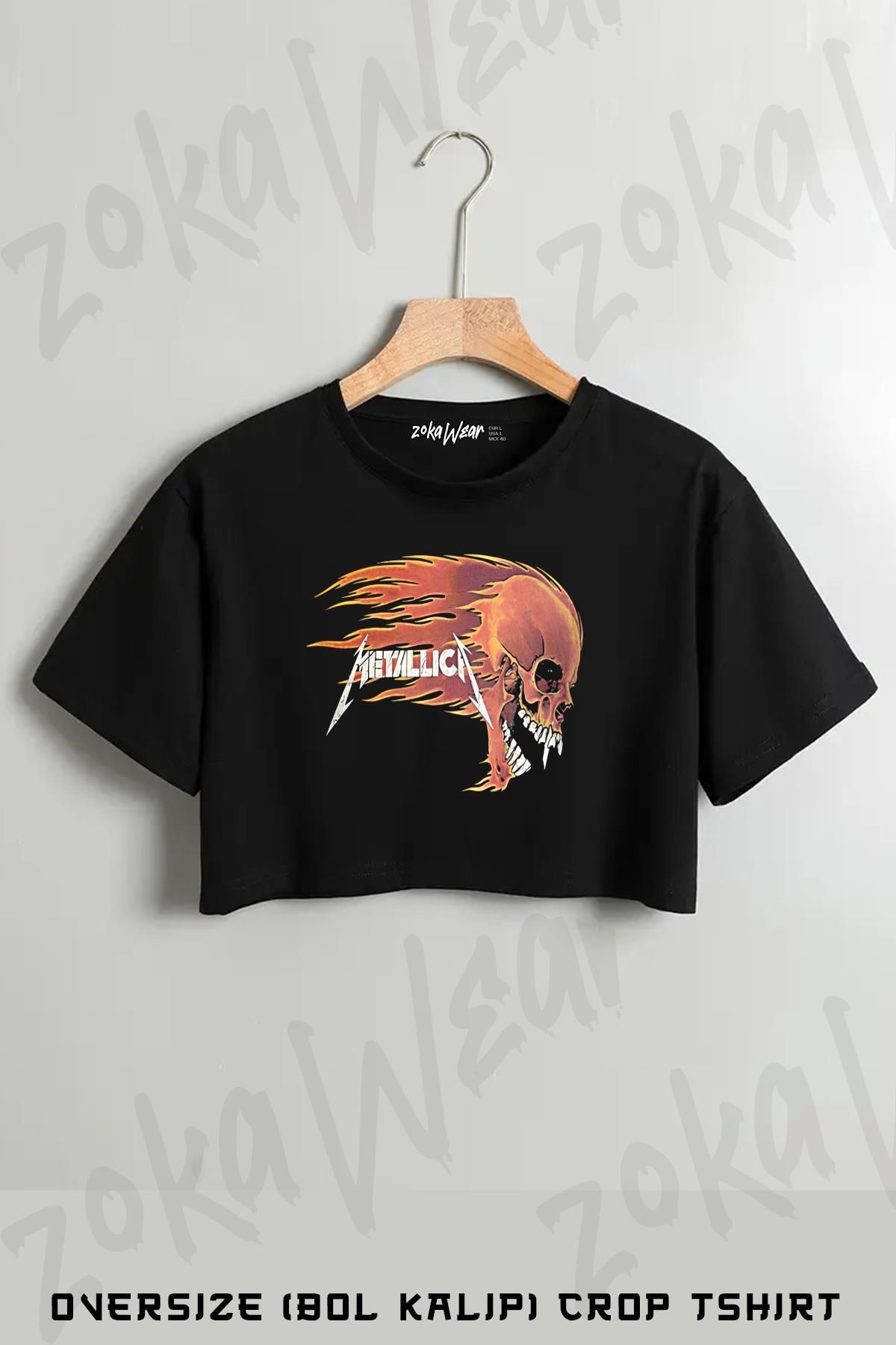 ZOKAWEAR Metallica skull Baskılı Oversize Crop T-Shirt
