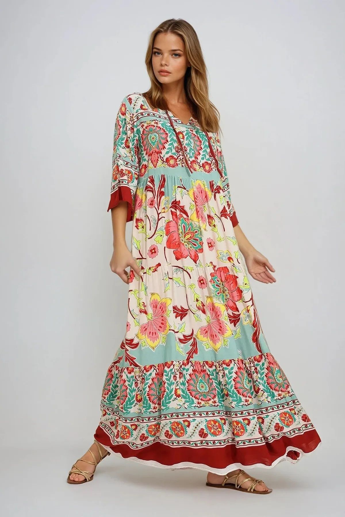 Namaste Vintage Etnik desenli v yakalı bağcıklı uzun ince otantik elbise