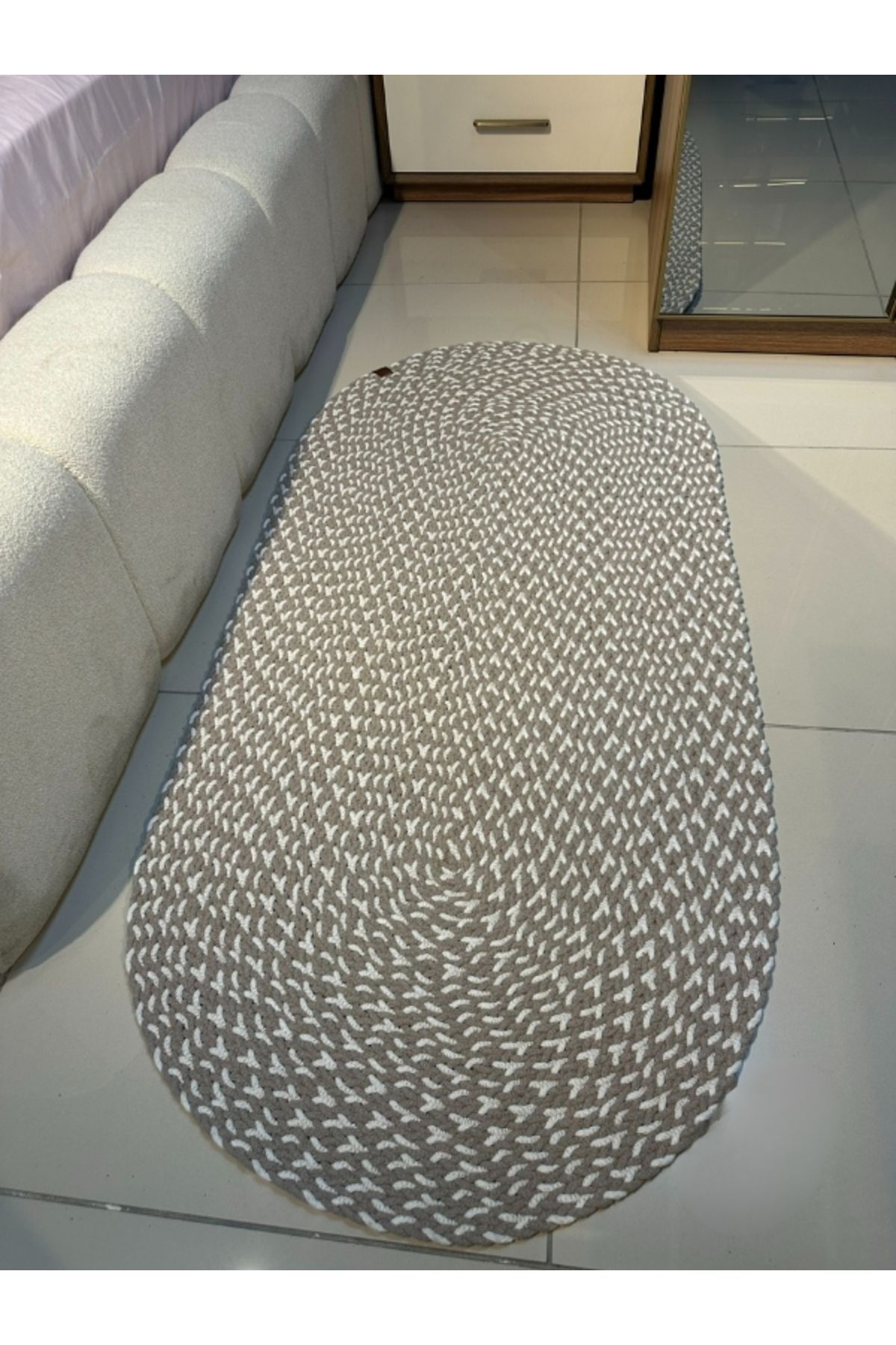Halımax Loom Jüt Çift Taraflı Yıkanabilir Örgü Kilim Oval Halı Paspas Mutfak Banyo Balkon Gri Beyaz
