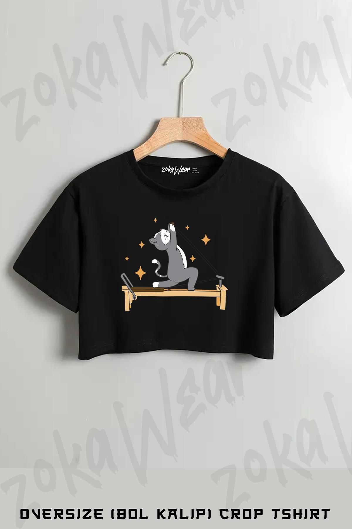 ZOKAWEAR Reformer Pilates Spor Kedi Baskılı Oversize Crop T-Shirt