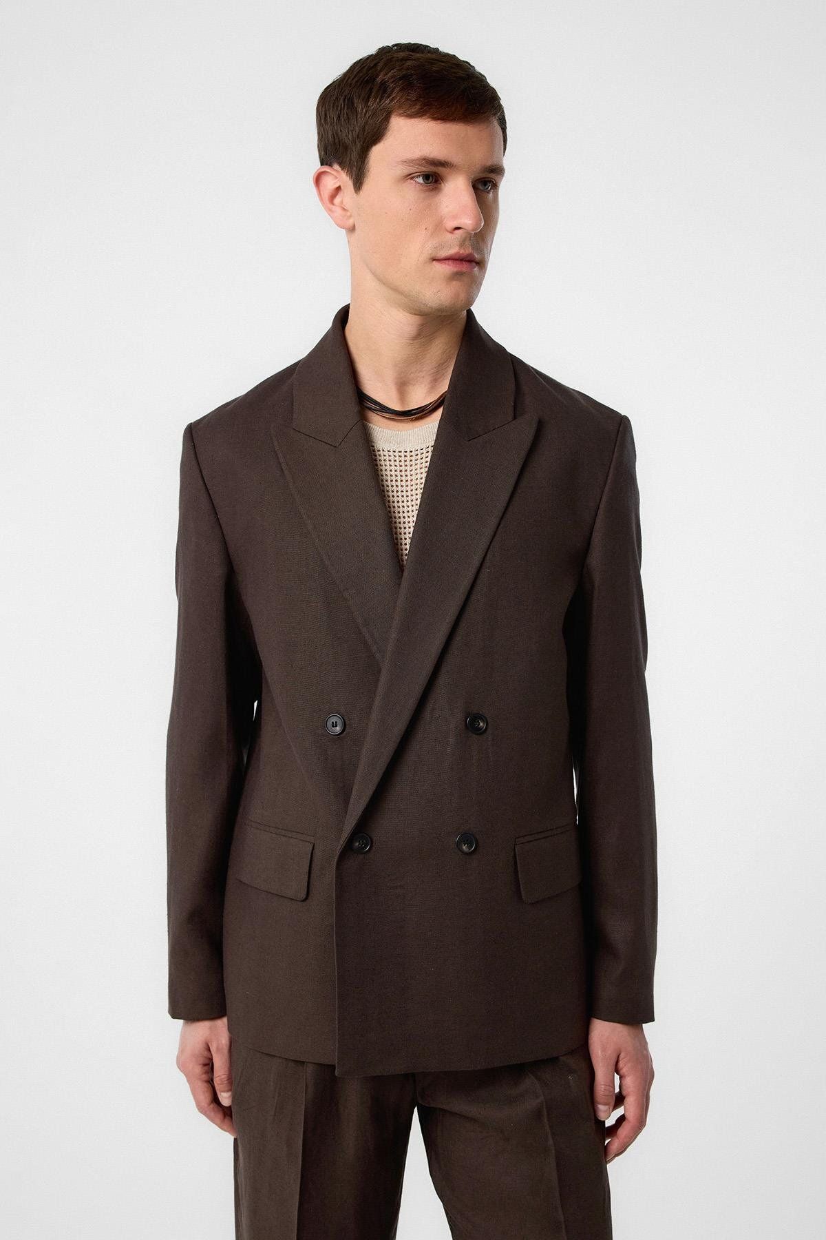 Antioch Kahve Relax Fit Keten Karışımlı Erkek Blazer Ceket
