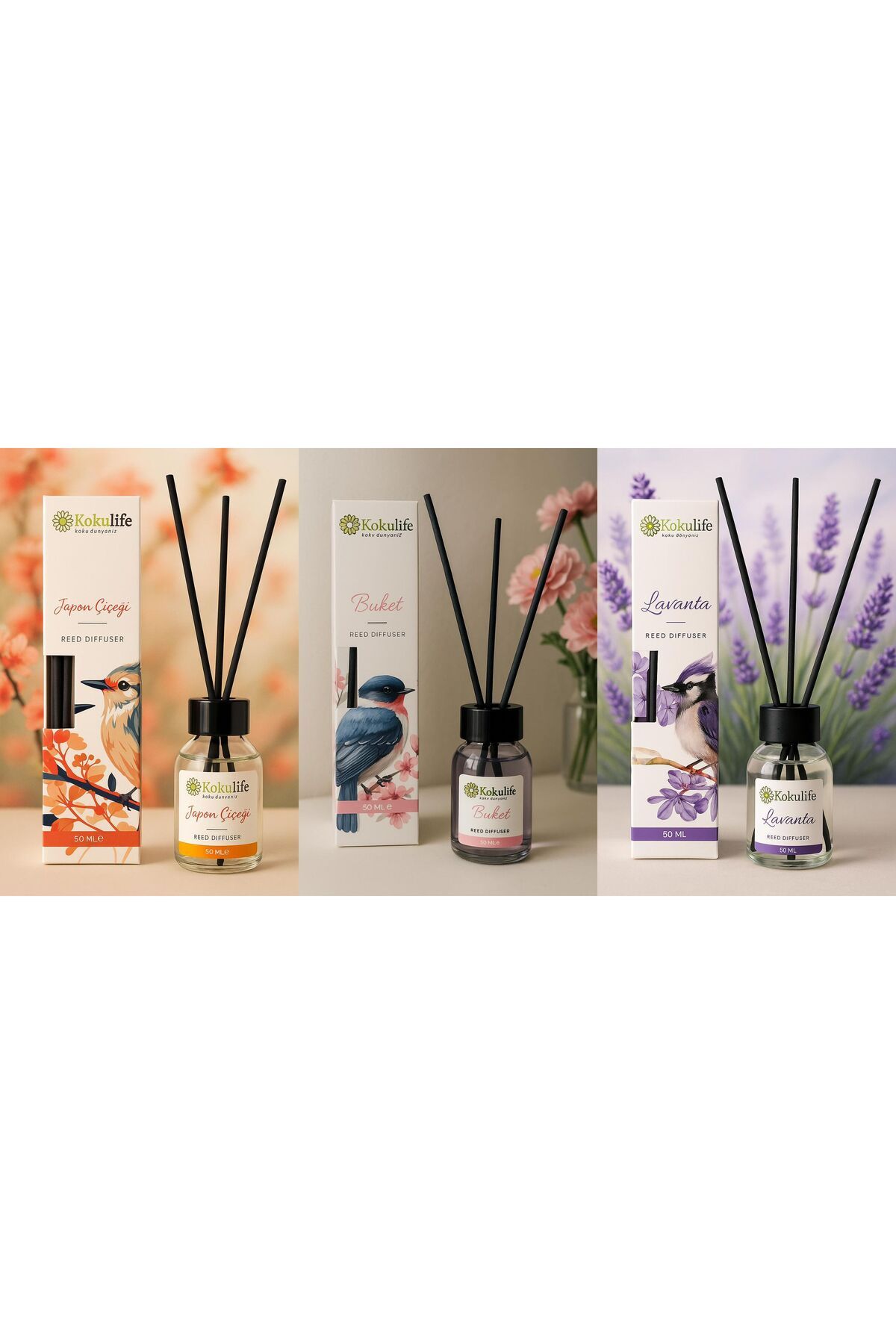 KOKULİFE 3'LÜ AVANTAJ PAKETİ BUKET- LAVANTA - JAPON ÇİÇEĞİ ÇUBUKLU ODA VE ORTAM KOKUSU 50 ML