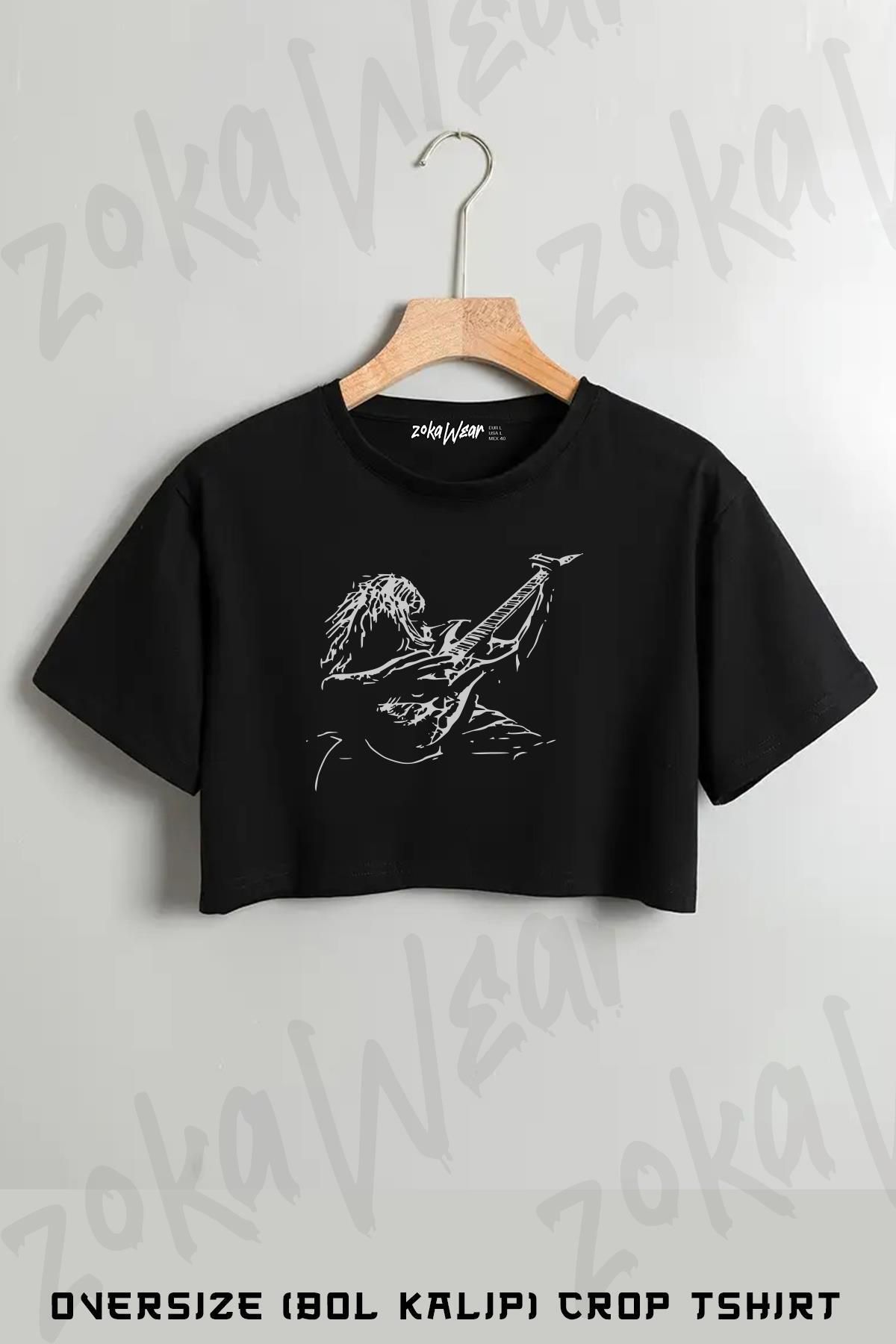 ZOKAWEAR Elektro Gitar, Guitar, Gitarist Baskılı Oversize Crop T-Shirt
