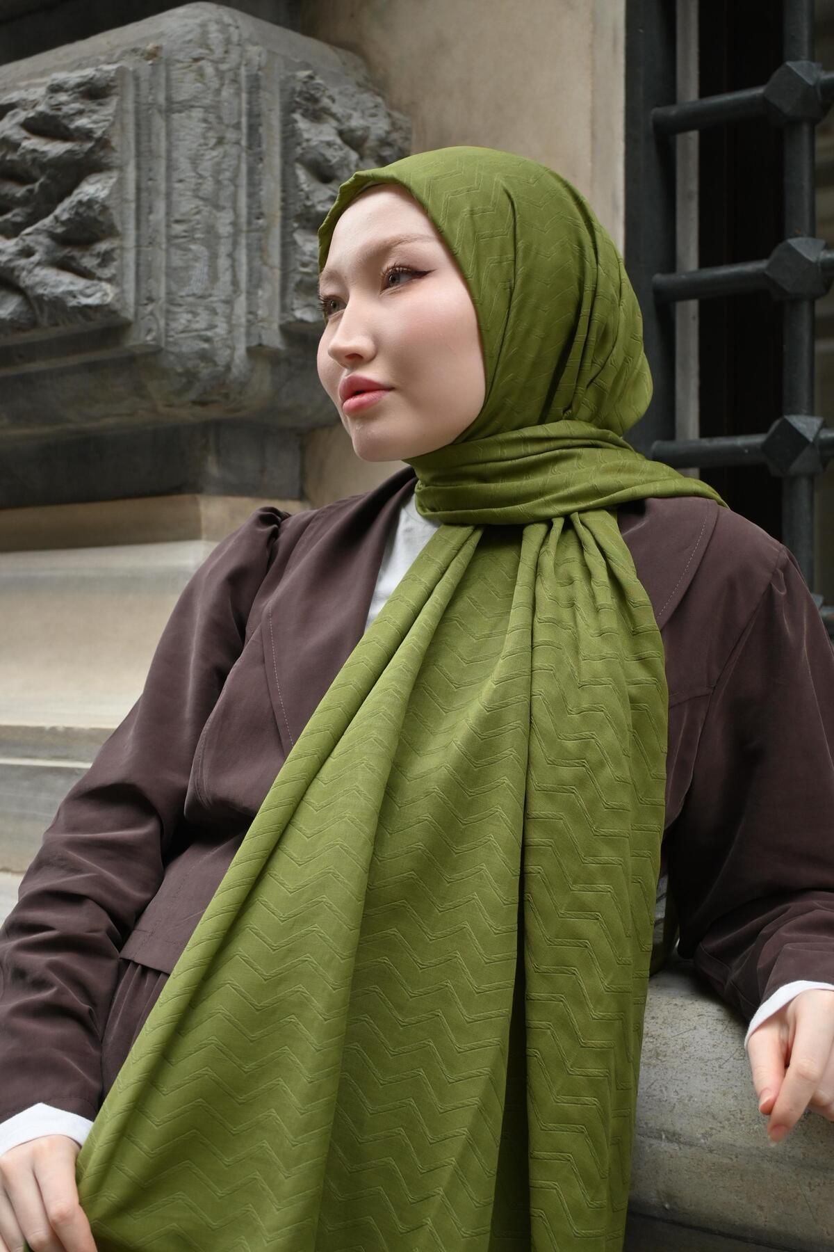 Pull Scarfs Asker yeşili - Zigzag Desen Bambu Jakar