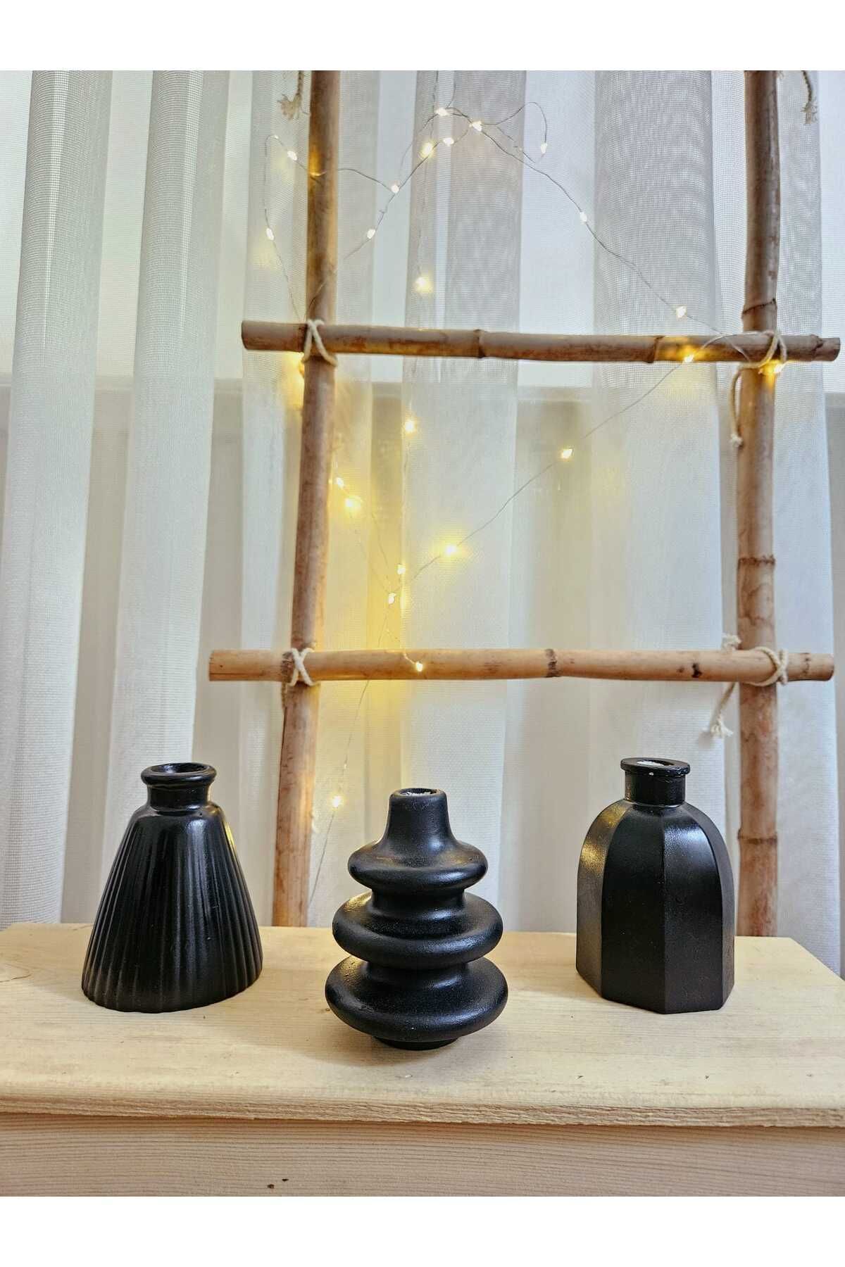 SerenityHaven Siyah 10 Cm Minimal Vazo Seti & 3Lü Dekoratif Vazo
