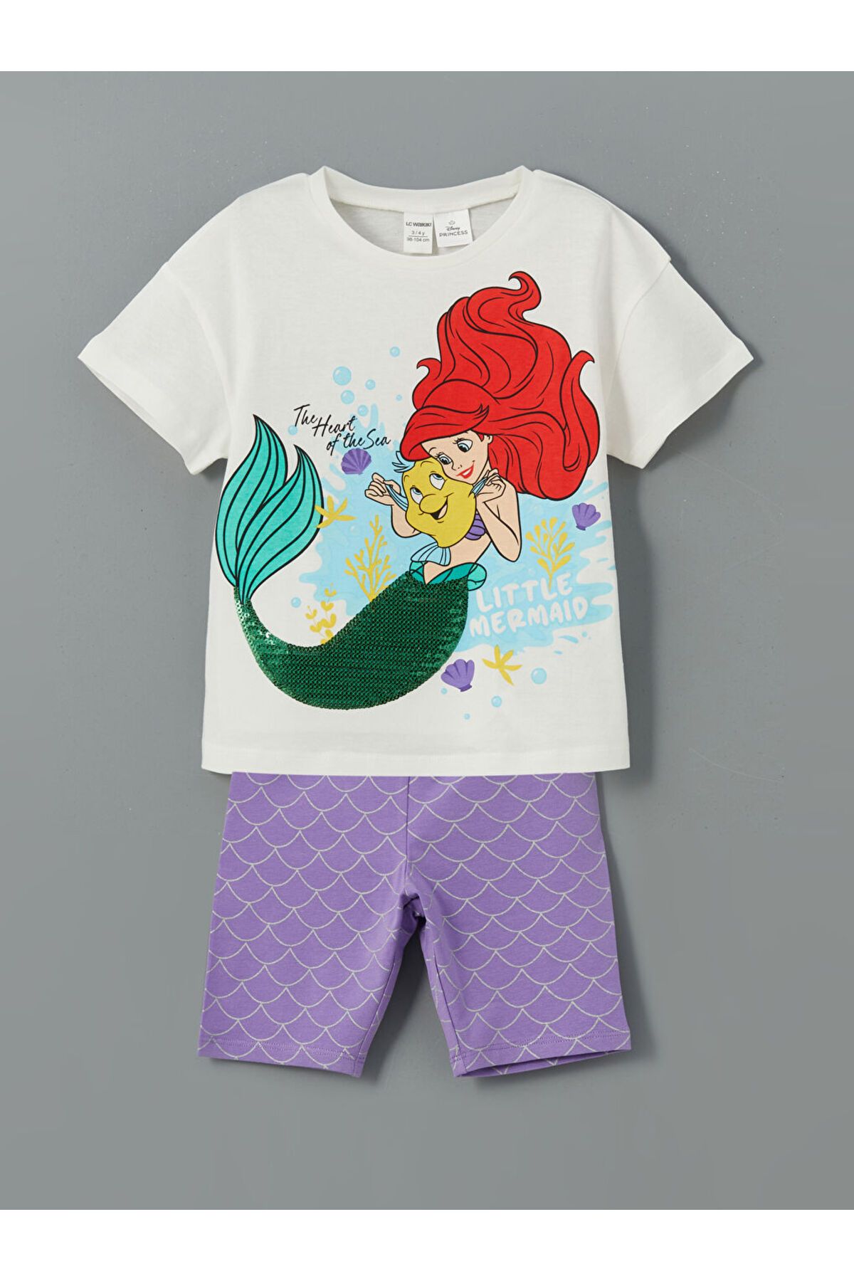 LC Waikiki LCW Kids Ekru Deniz Kızı Ariel Baskılı Kız Çocuk Bluz ve Tayt 2'li