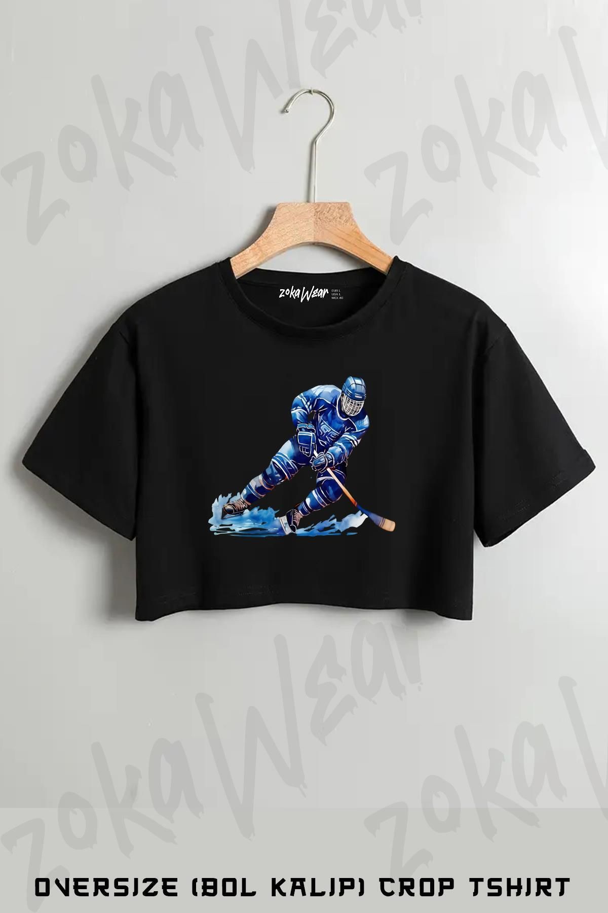 ZOKAWEAR Buz hokeyi Baskılı Oversize Crop T-Shirt