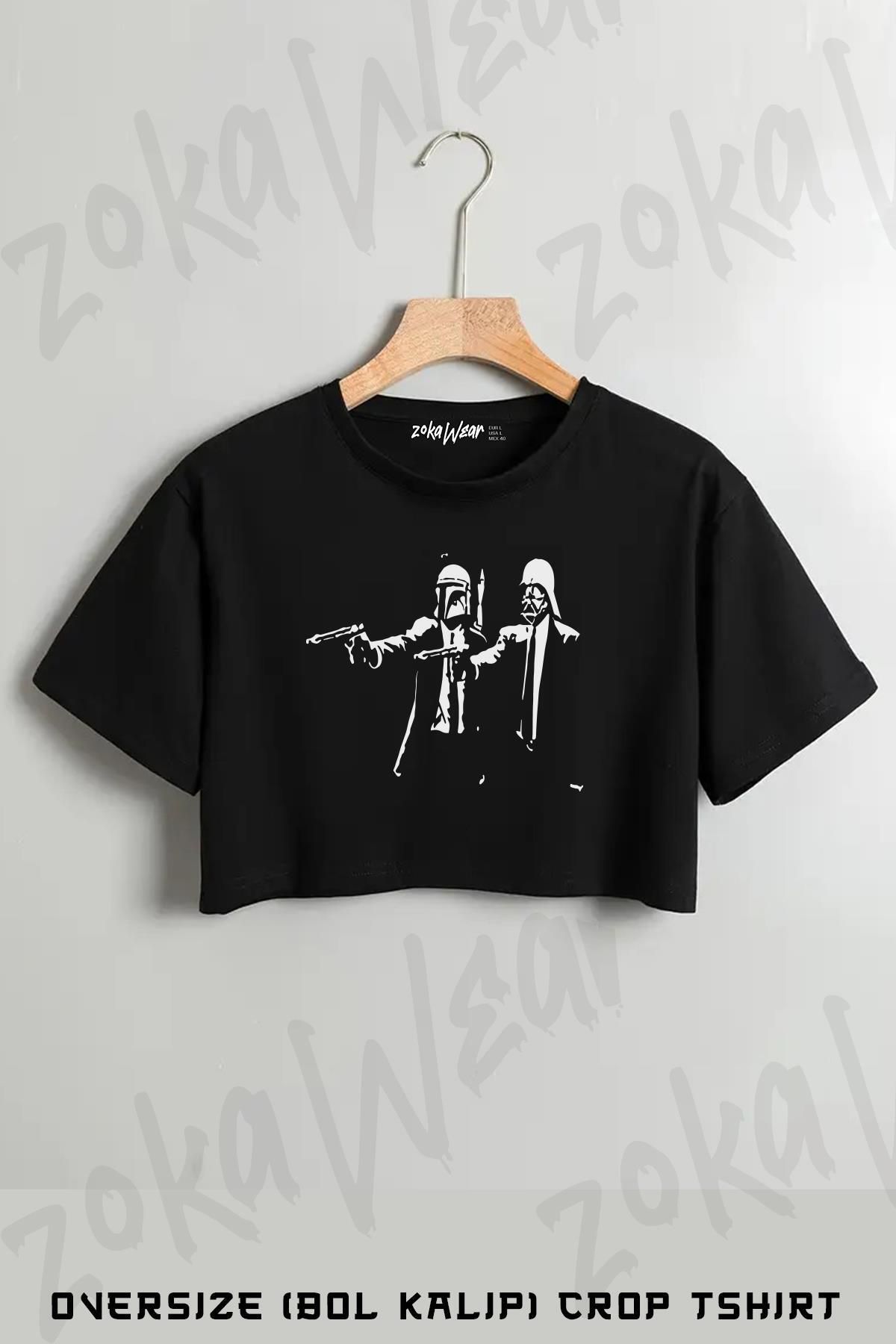 ZOKAWEAR Star Wars & Pulp Fiction Siya Baskılı Oversize Crop T-Shirt