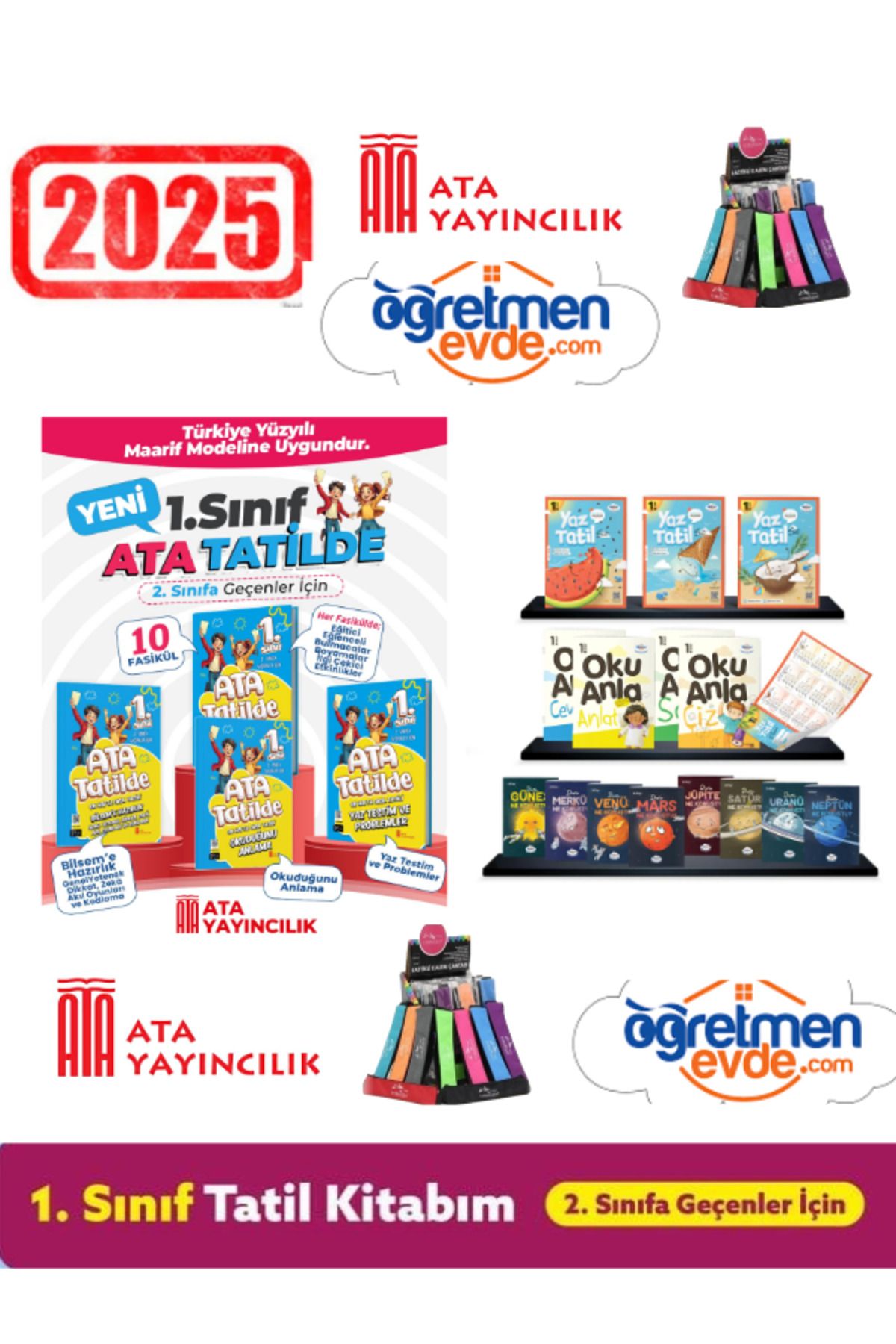 Gama Yayınları Ata Tatilde 1.Sınıf 10 Fasikül Yaz Tatil Seti+Öğretmen Evde 1.Sınıf 16 Kitap Yaz Tatil Seti+Kalemlik
