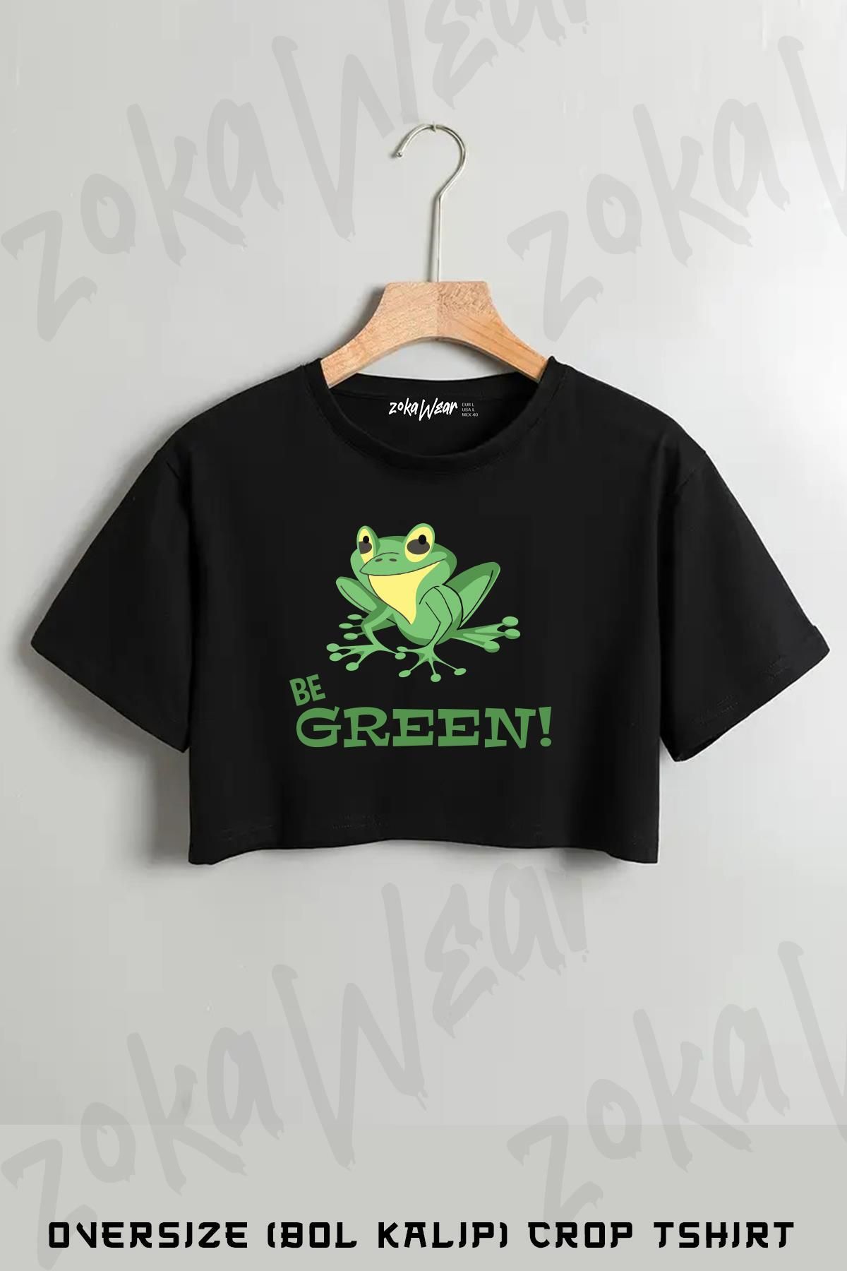 ZOKAWEAR Be Green Kurbağa Baskılı Oversize Crop T-Shirt